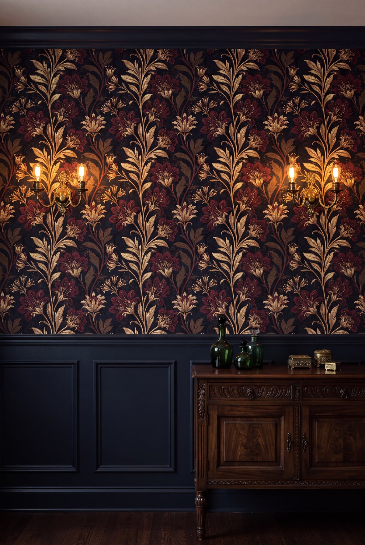 Copper Vespers wallpaper in copper, burgundy and deep navy on a dining wall.