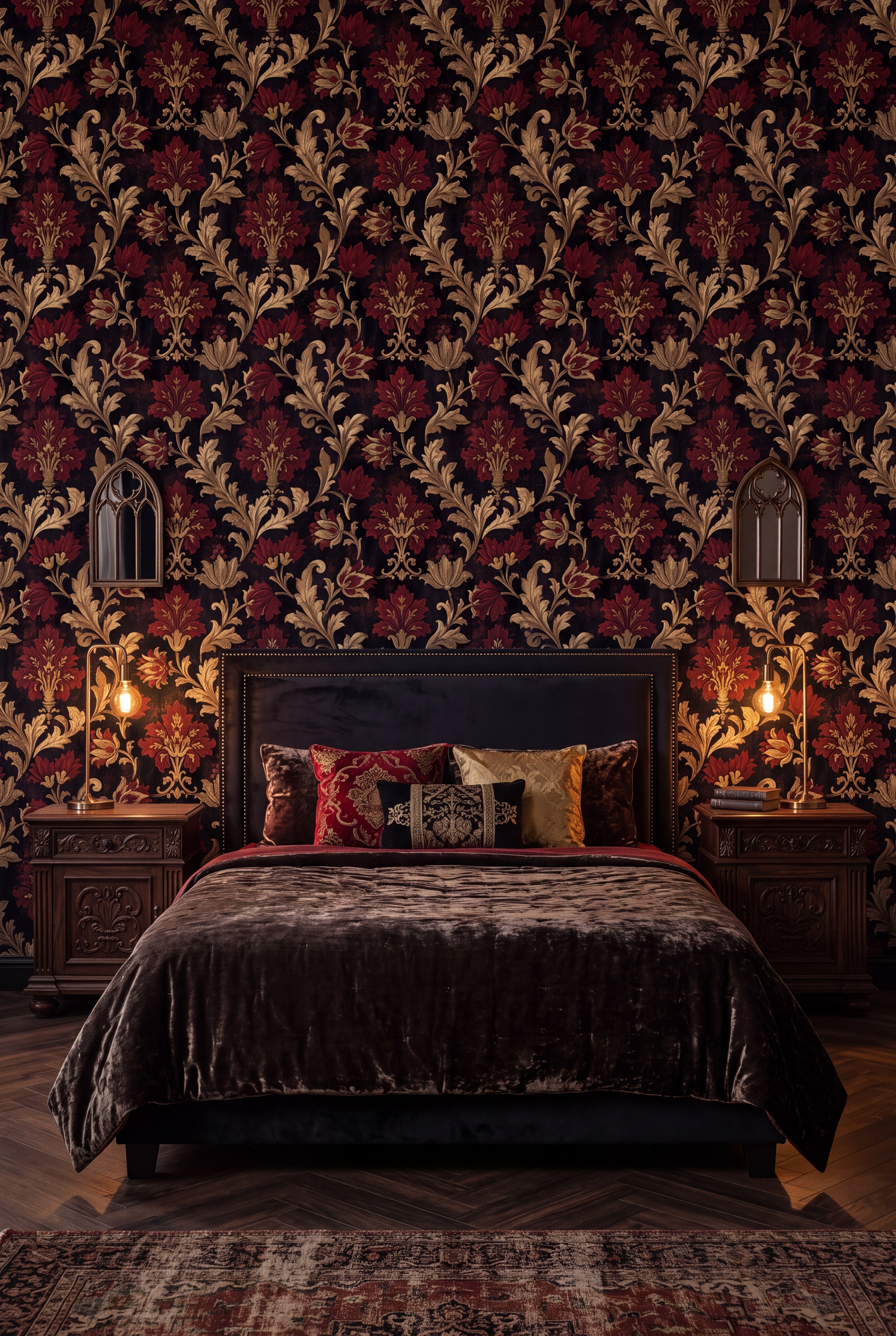 Crimson Reliquary wallpaper in crimson, gold and black on a bedroom wall.