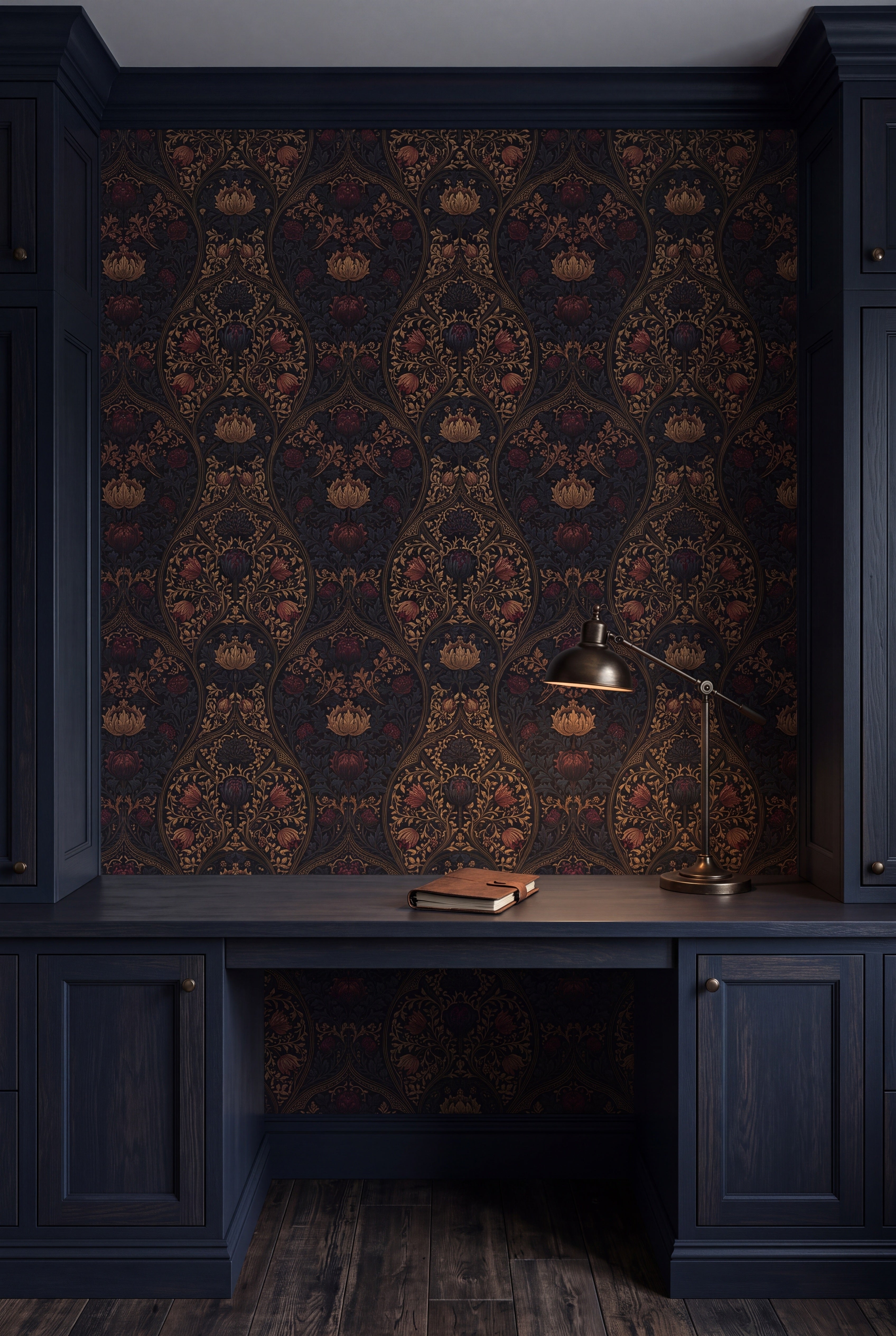 Chalice Damask wallpaper in gold, burgundy and midnight blue on a study wall.