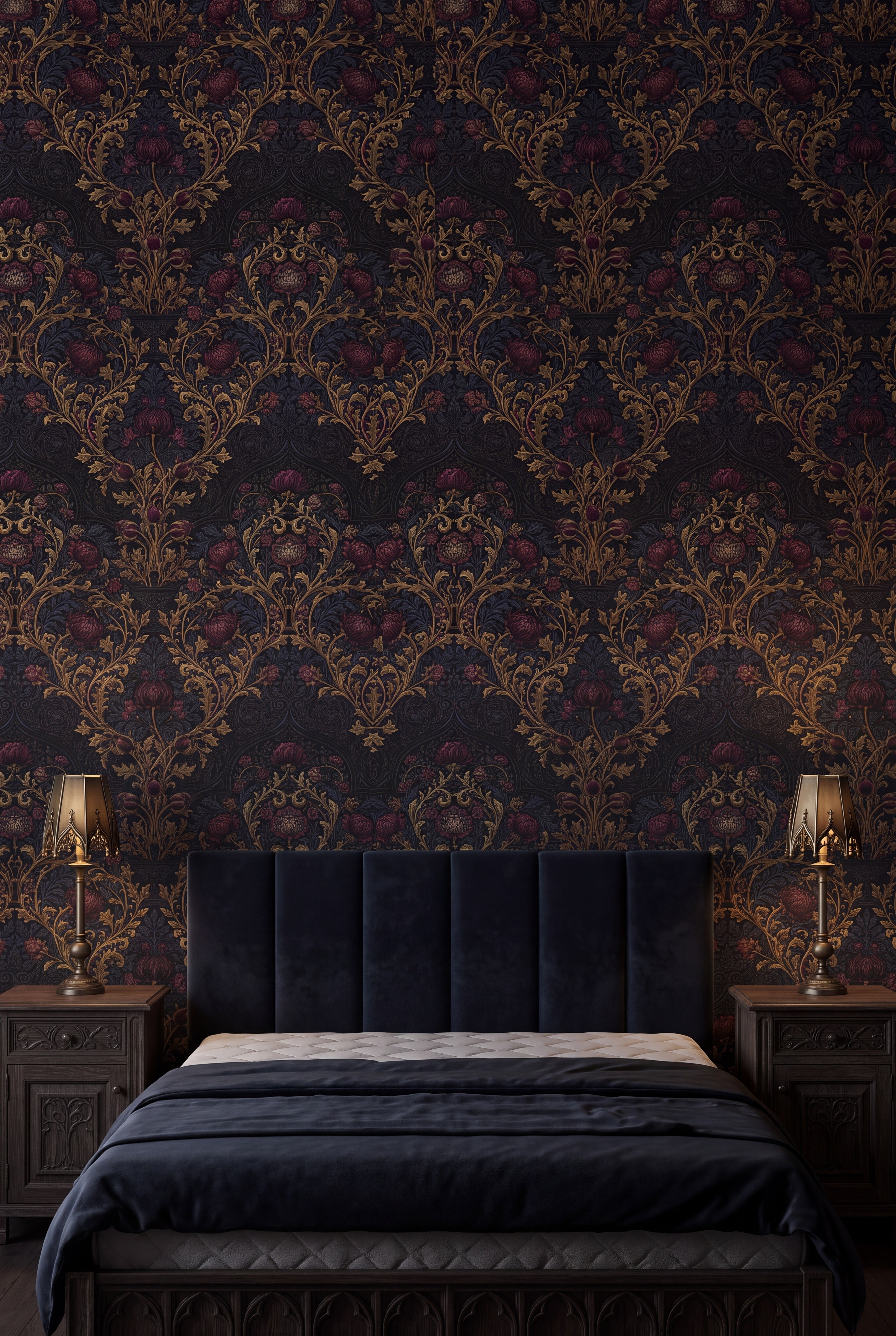 Abbey Gilt wallpaper in gold and charcoal on a bedroom wall.
