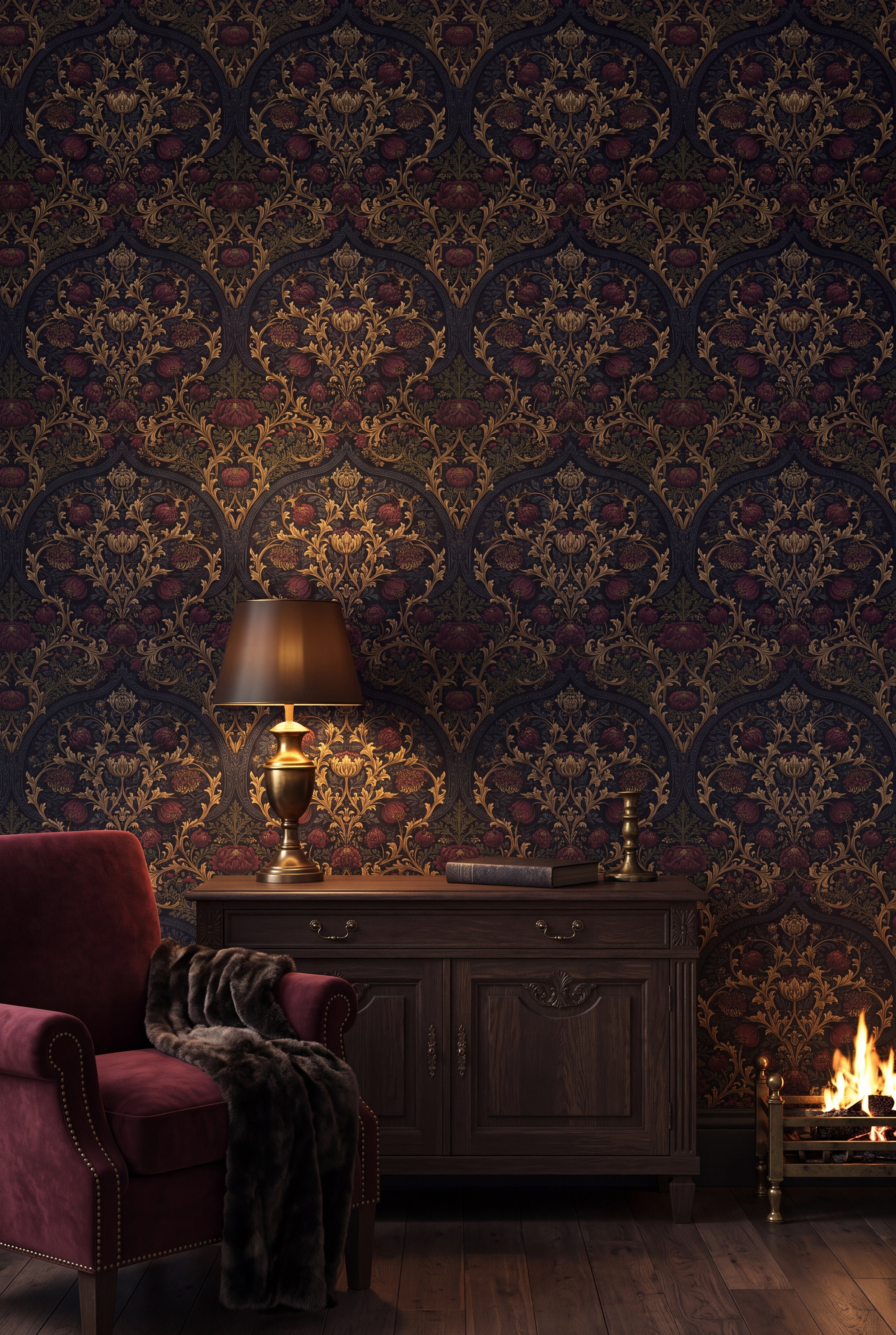 Chancel Bloom wallpaper in gold, burgundy and aubergine on a living wall.
