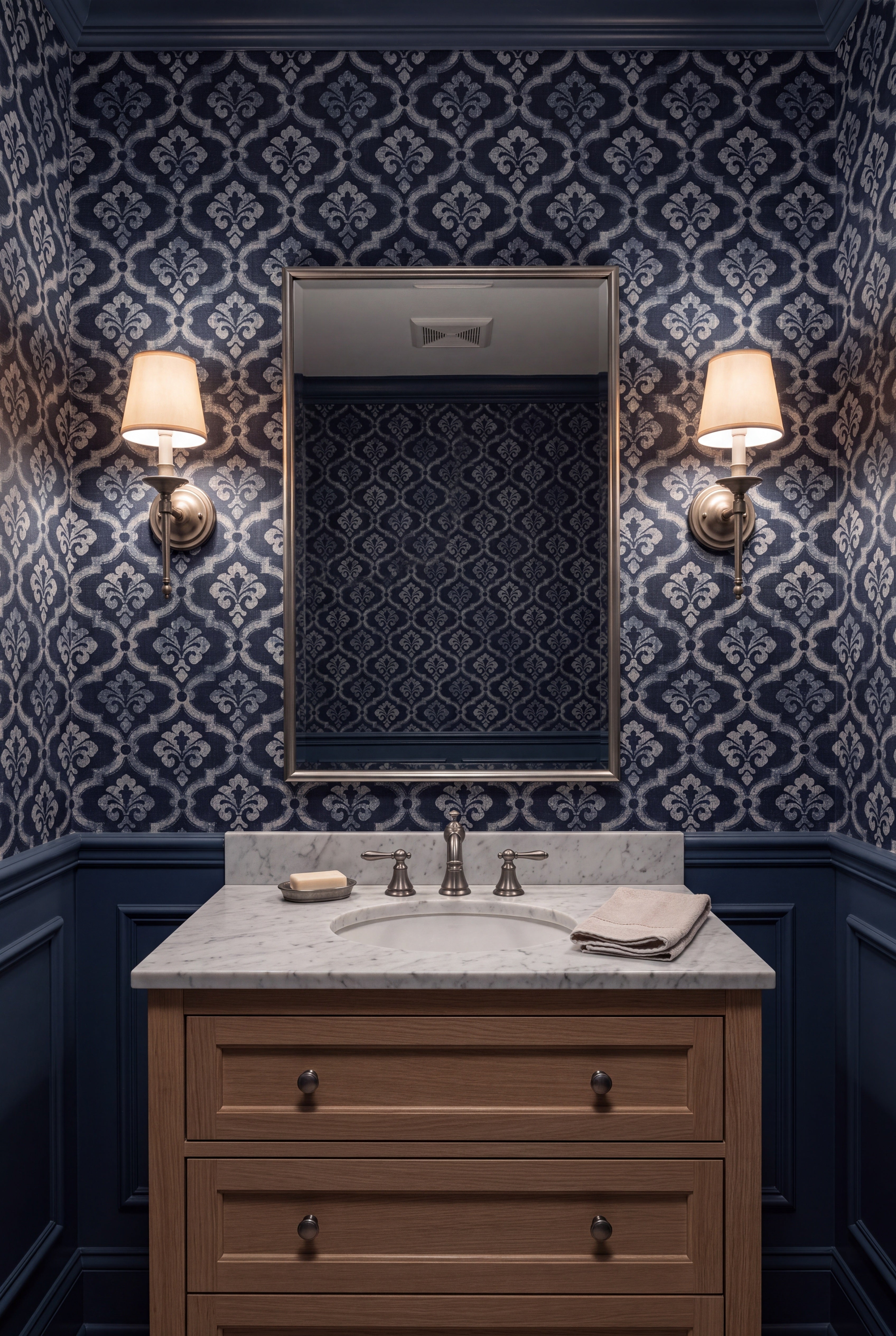Indigo Fleur wallpaper in pale blue grey on indigo on a powder wall.