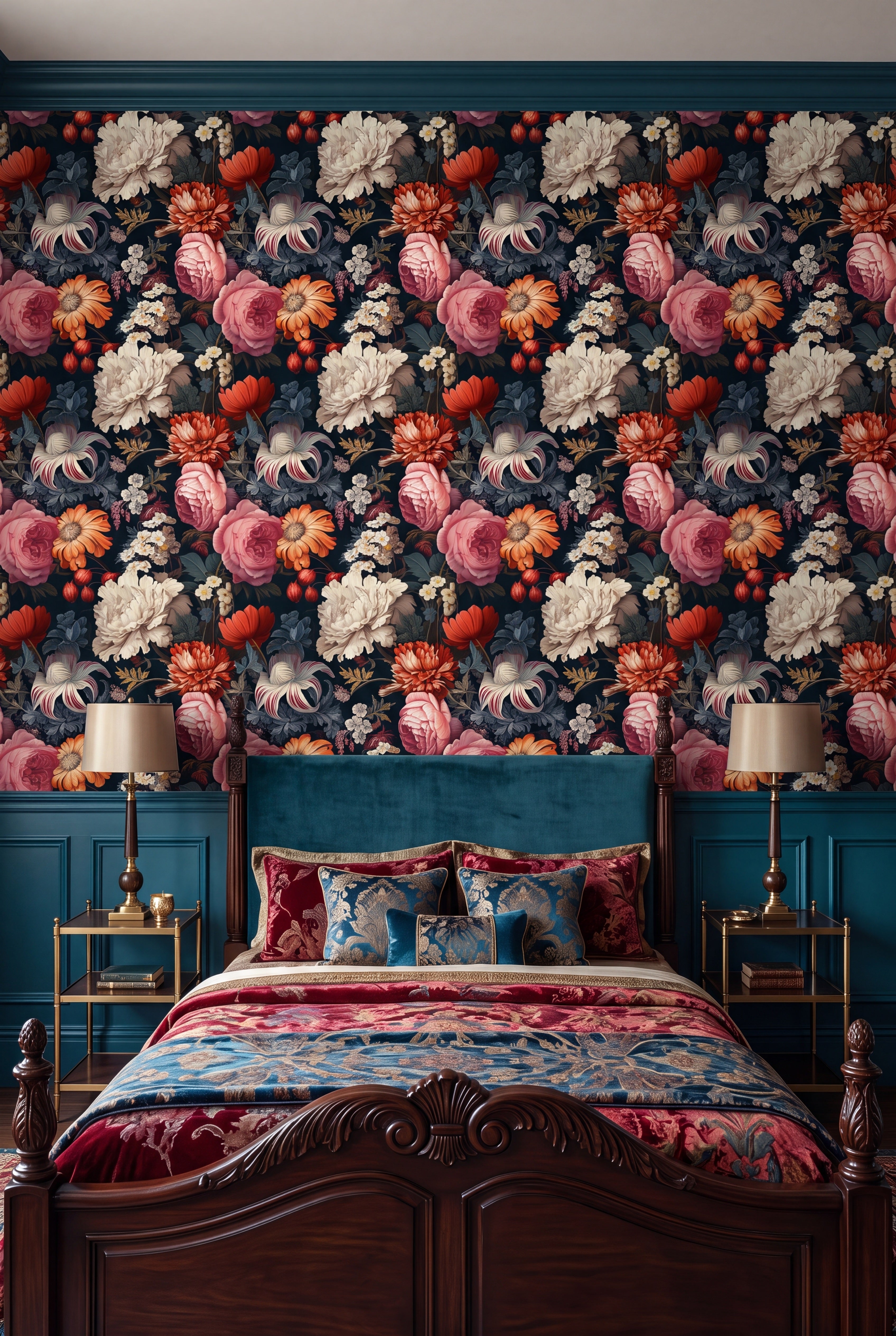 Colorful wildflowers scattered on deep black wallpaper in a bedroom.
