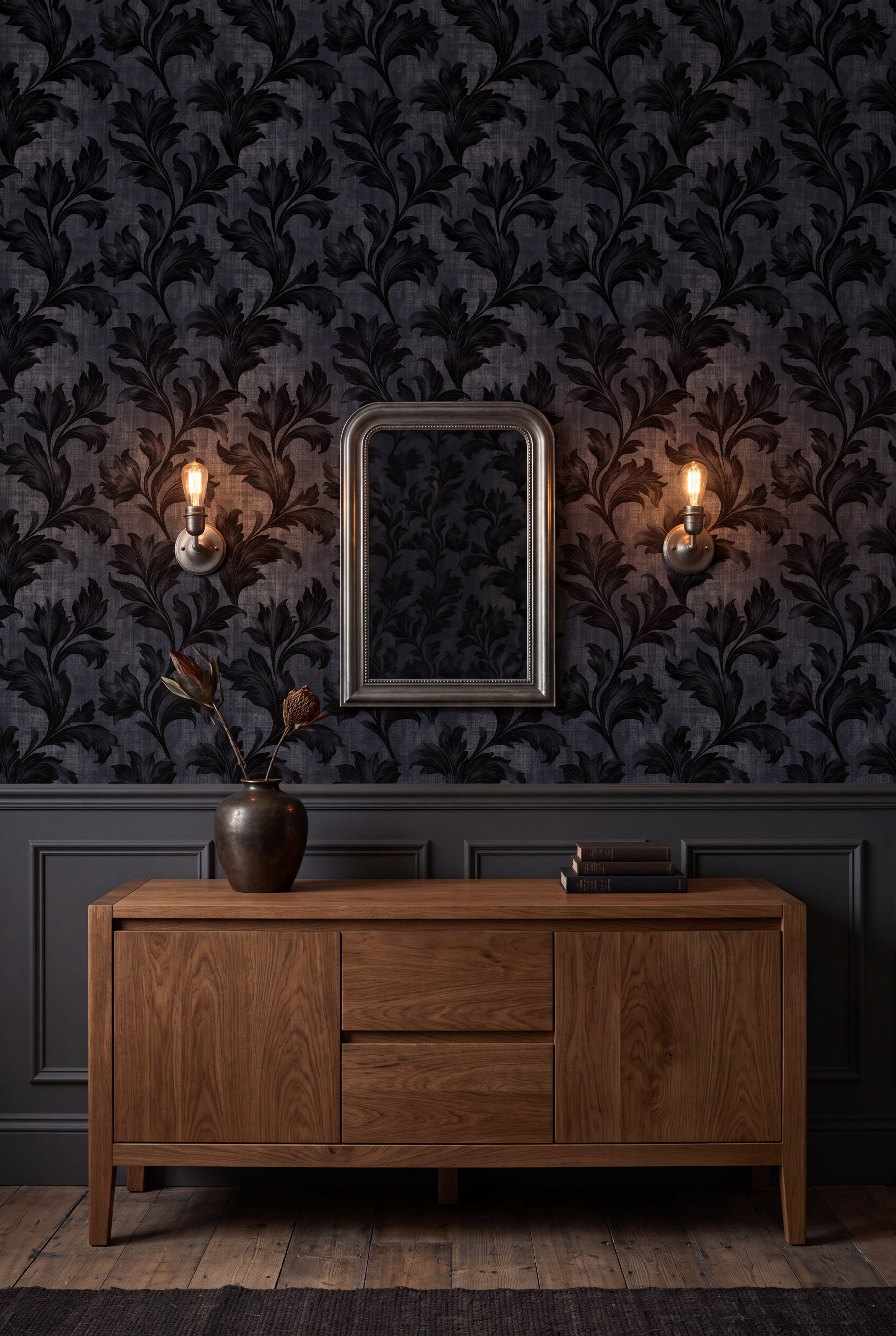 Nightfall Acanthus wallpaper in charcoal and black on linen on a dining wall.