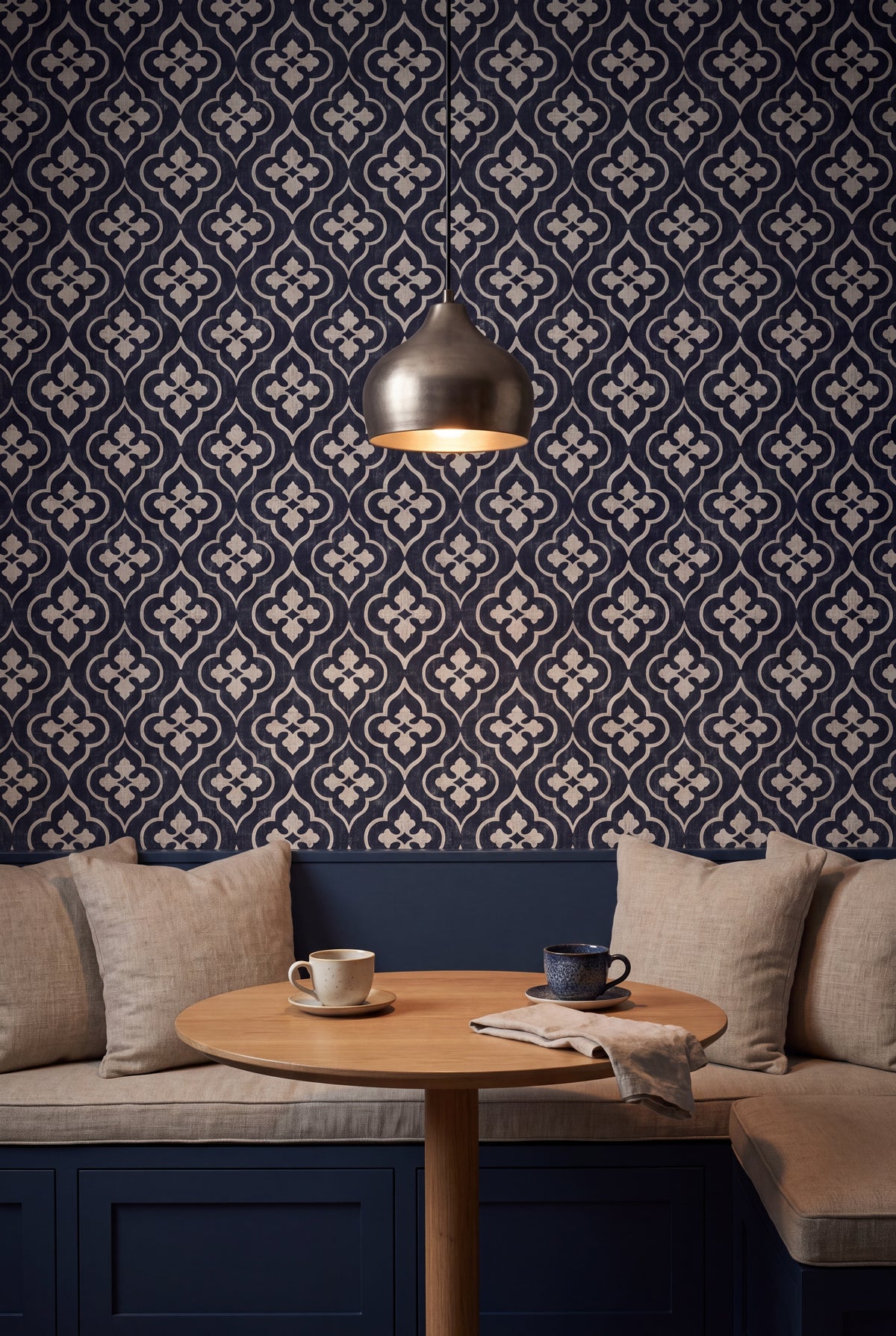 Linen Quatrefoil wallpaper in cream on indigo linen on a banquette wall.