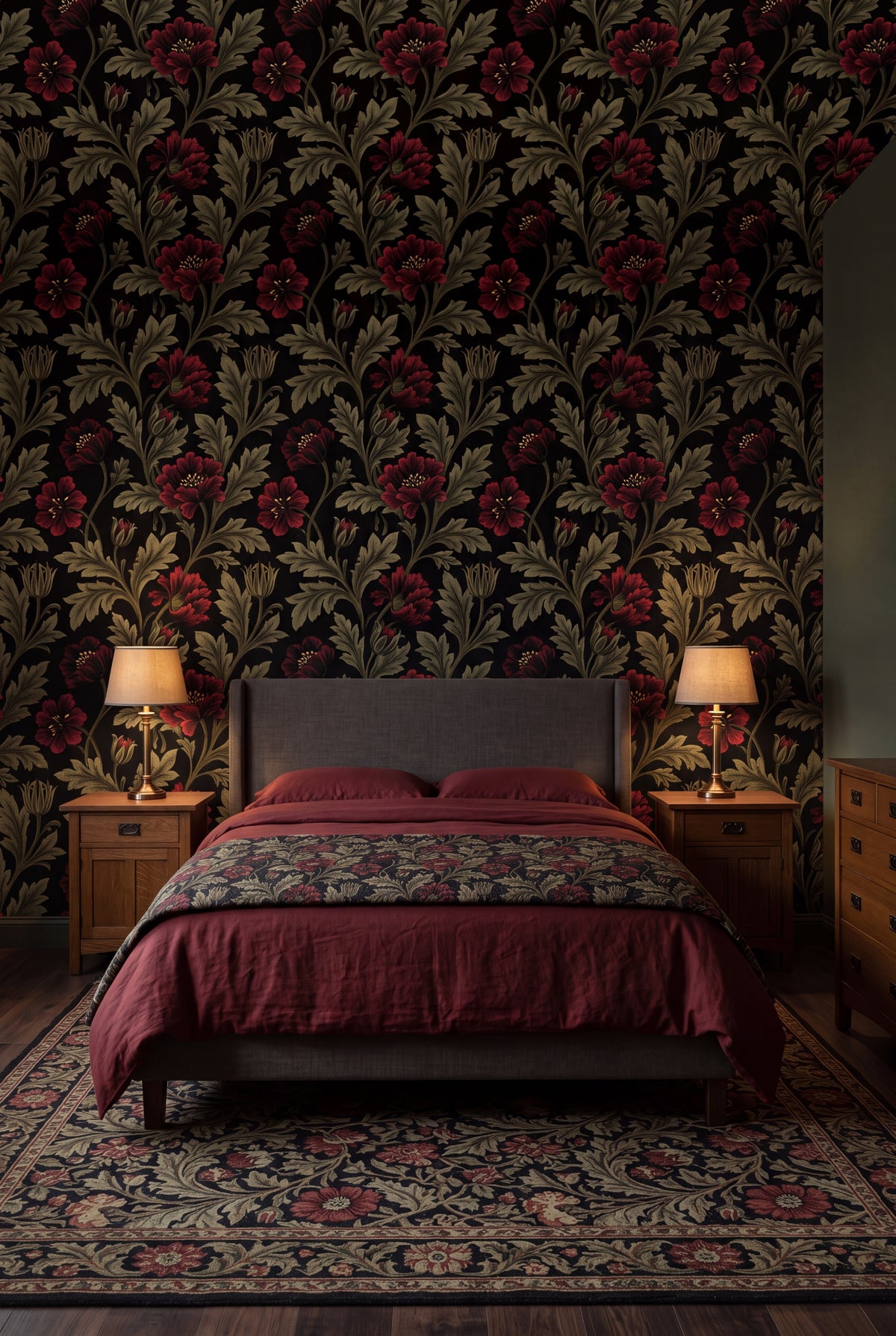Ember Poppy wallpaper in crimson, olive and black on a bedroom wall.