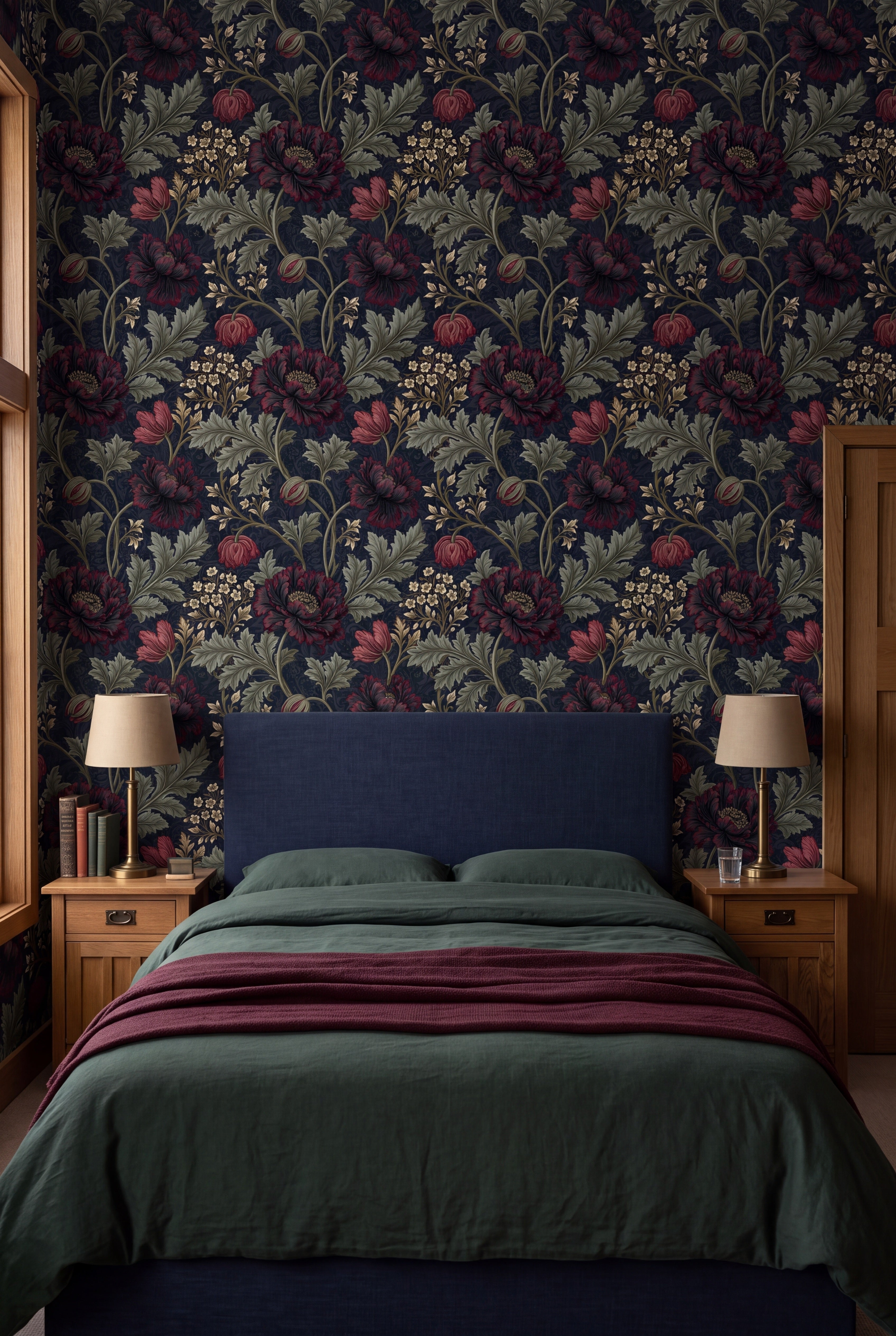Nocturne Poppy wallpaper in burgundy, olive and navy on a bedroom wall.