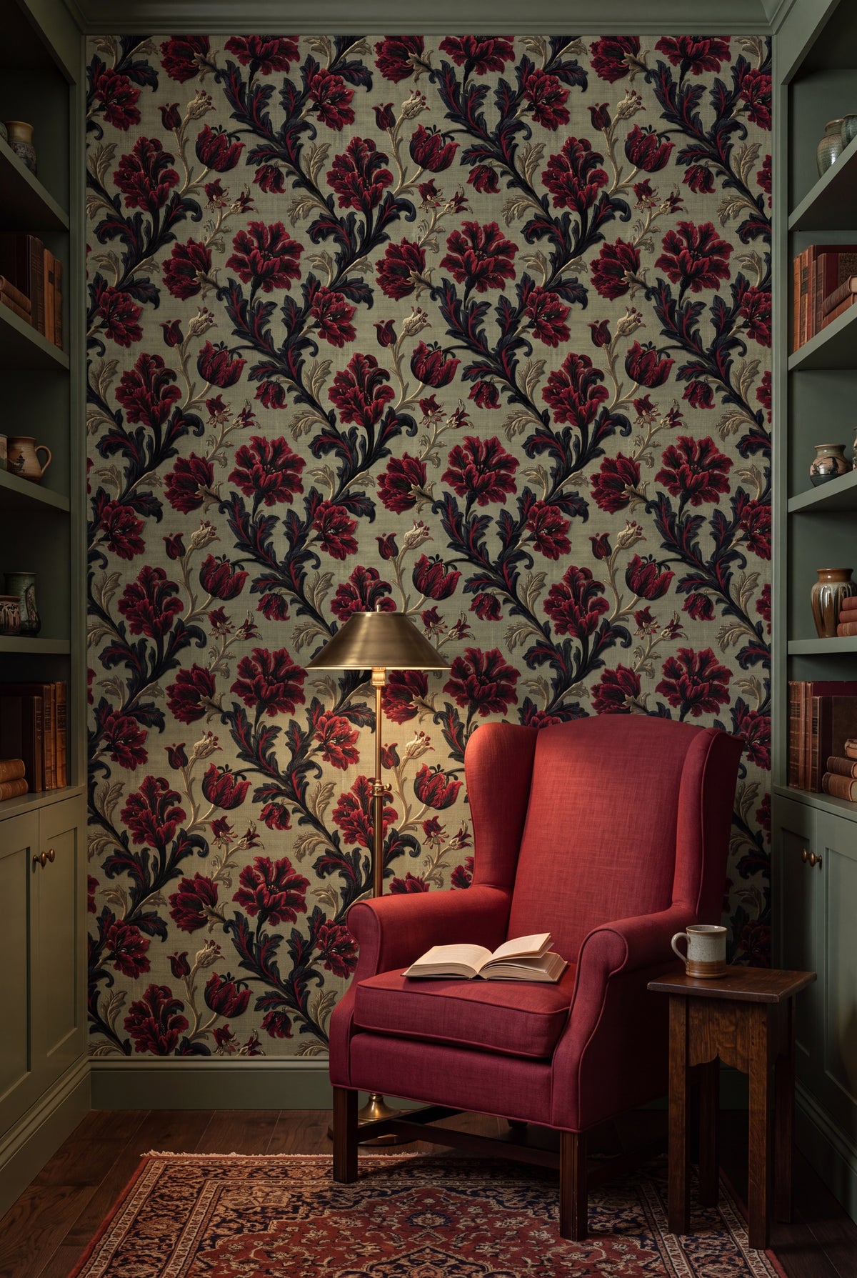 Sage Carnation wallpaper in crimson and navy on sage on a nook wall.