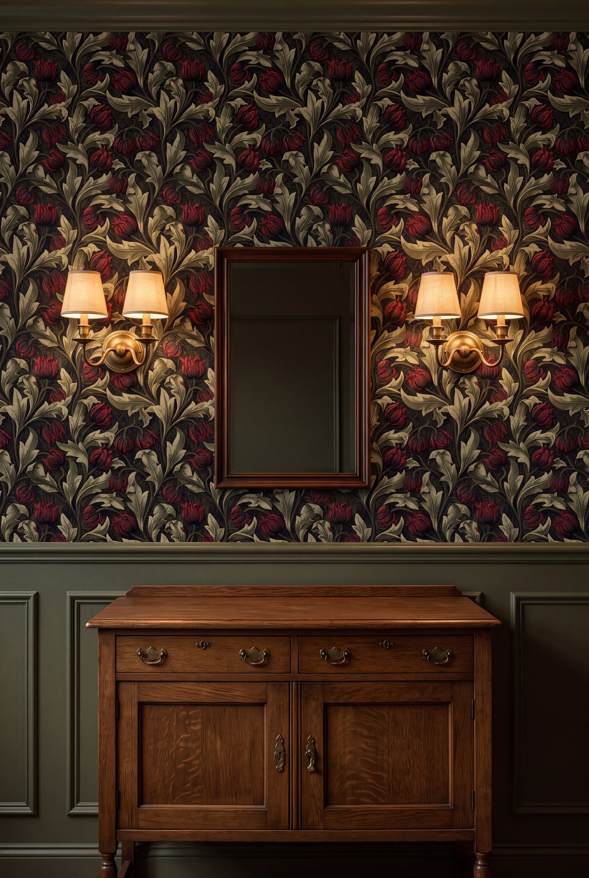 Shadow Tulip wallpaper in burgundy, gold and near black on a dining wall.