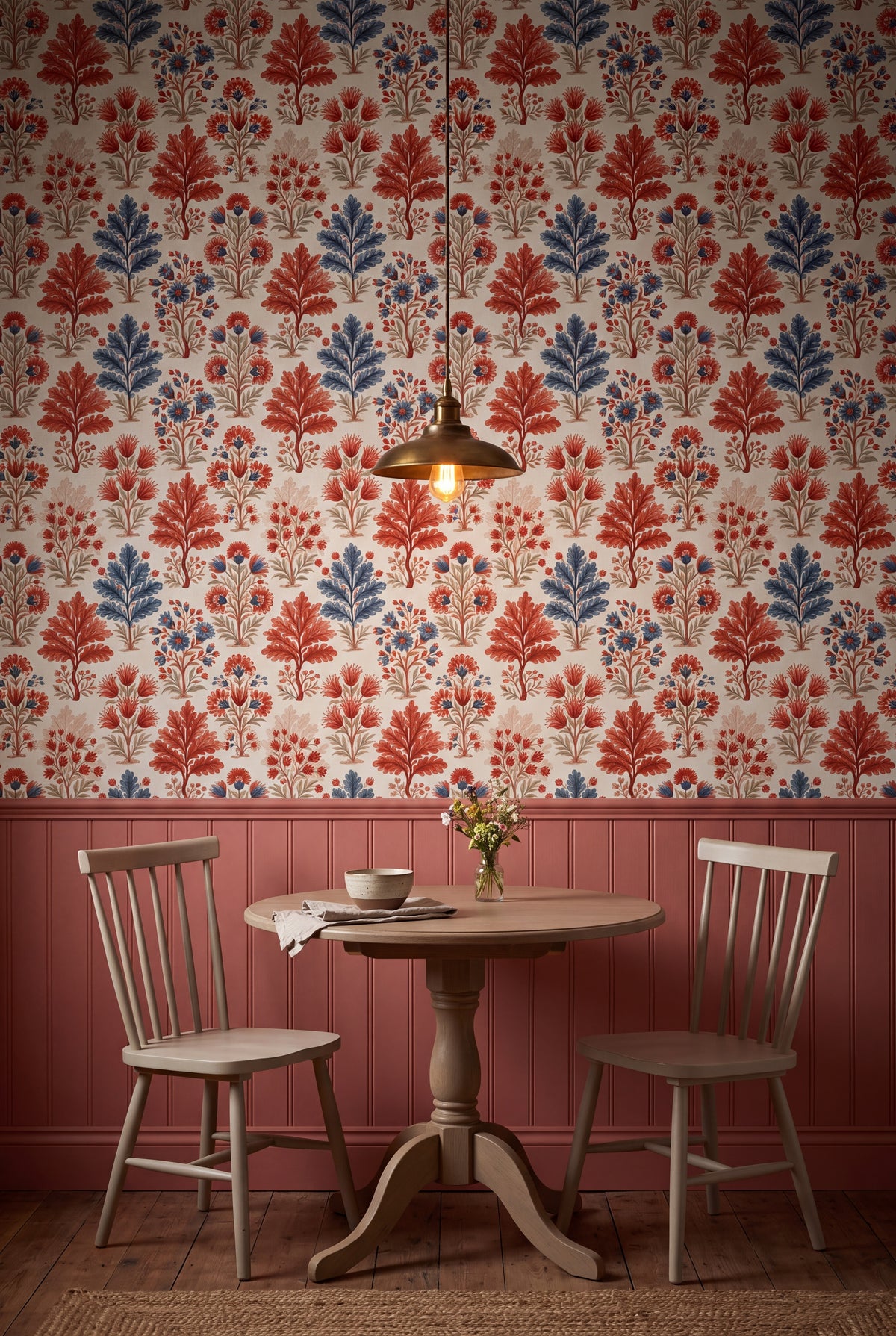 Folk Bloom wallpaper in red, blue and cream on a kitchen wall.