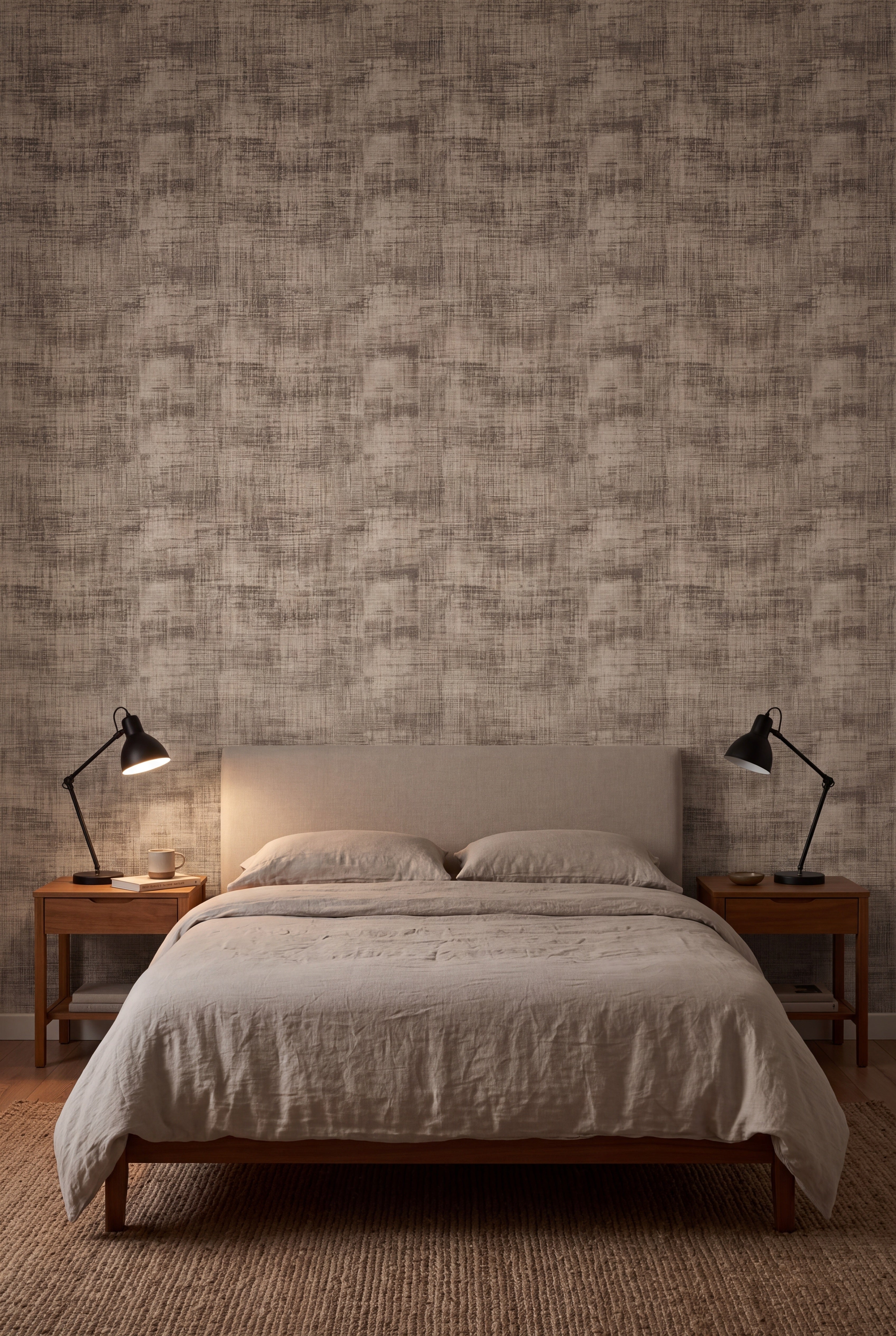 Plaster Drift wallpaper in beige, greige and charcoal on a bedroom wall.