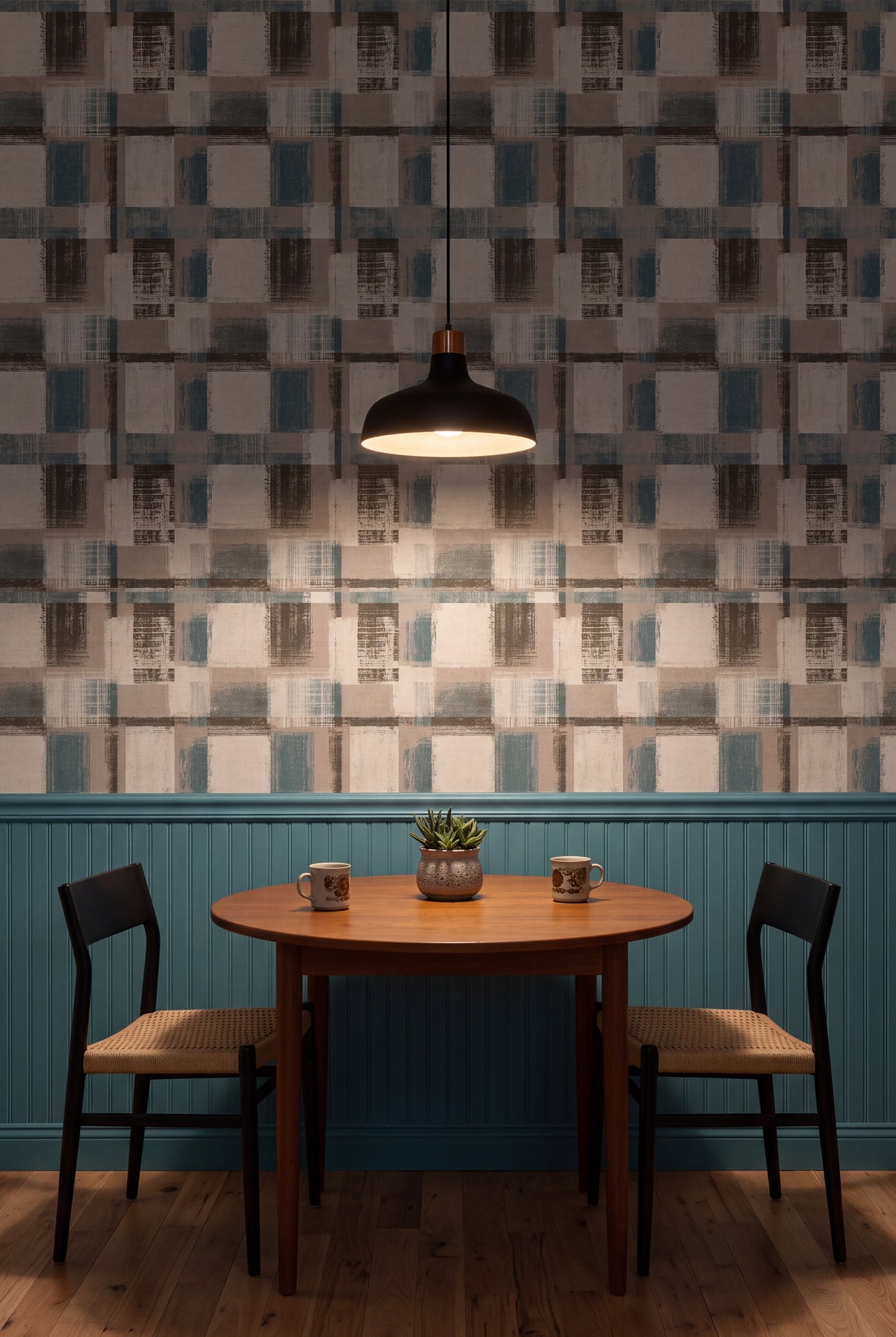 Harbor Check wallpaper in teal, cream and brown on a kitchen wall.
