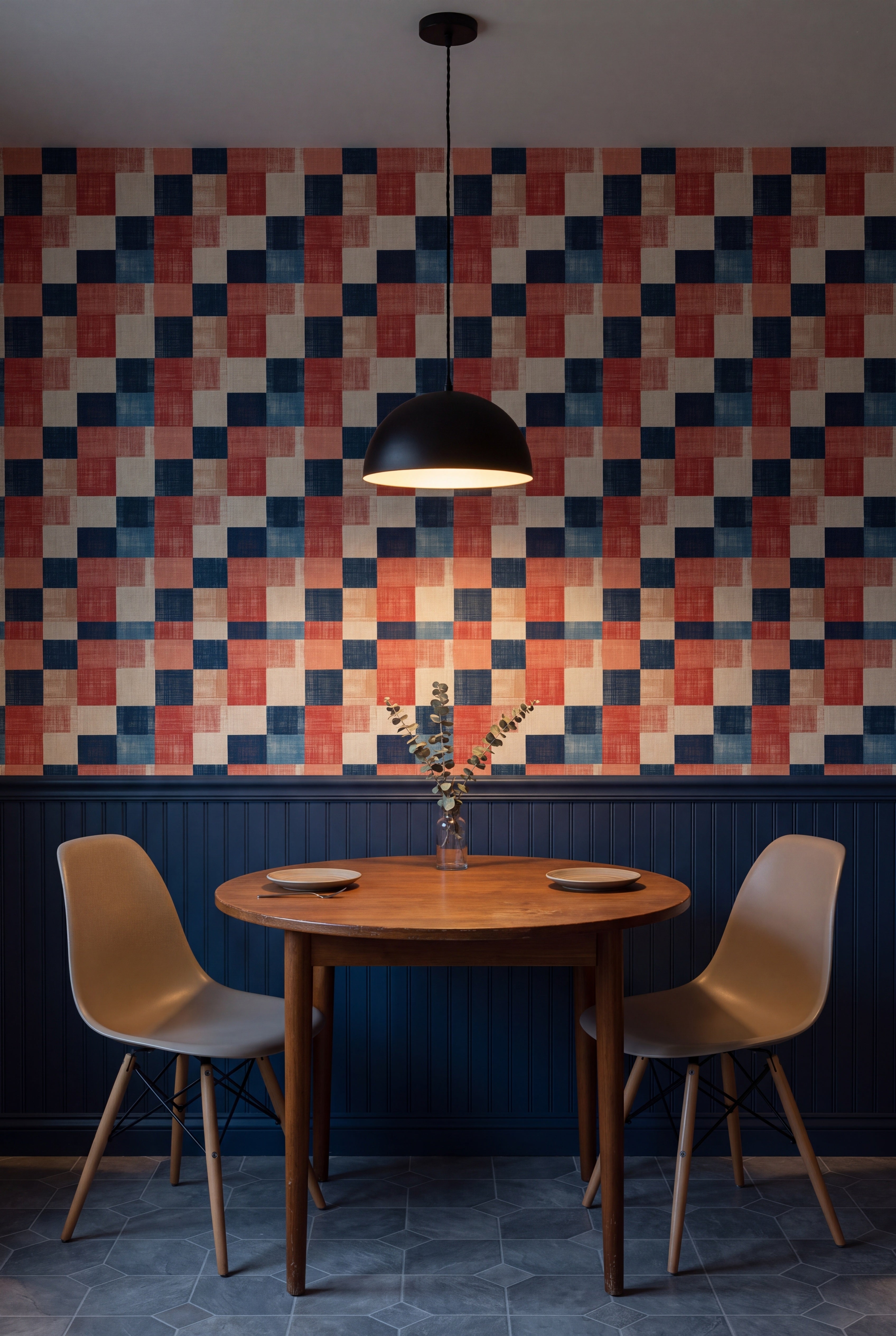 Regatta Patchwork wallpaper in navy, coral and cream on a kitchen wall.
