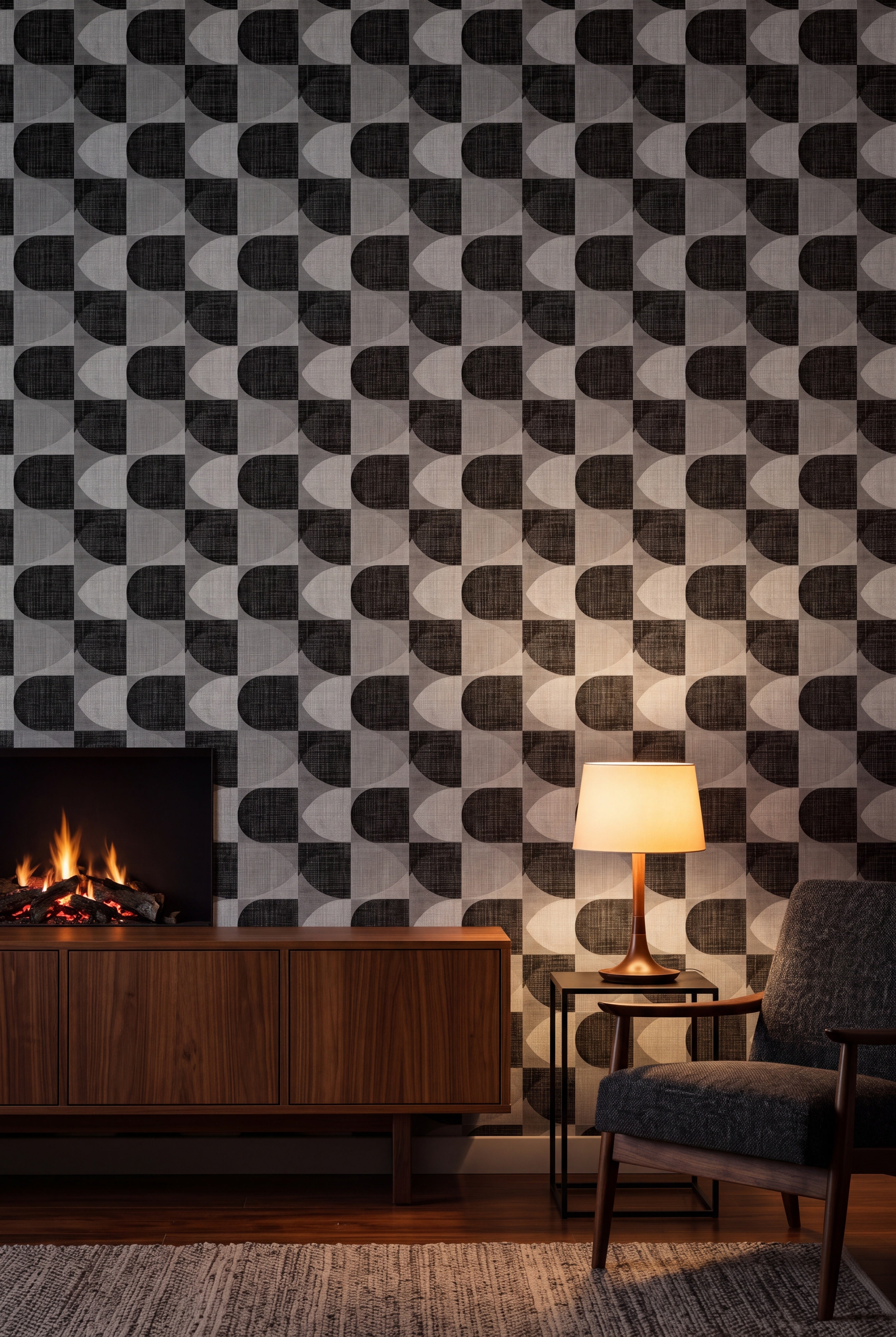 Domino Arc wallpaper in black, grey and cream on a living wall.