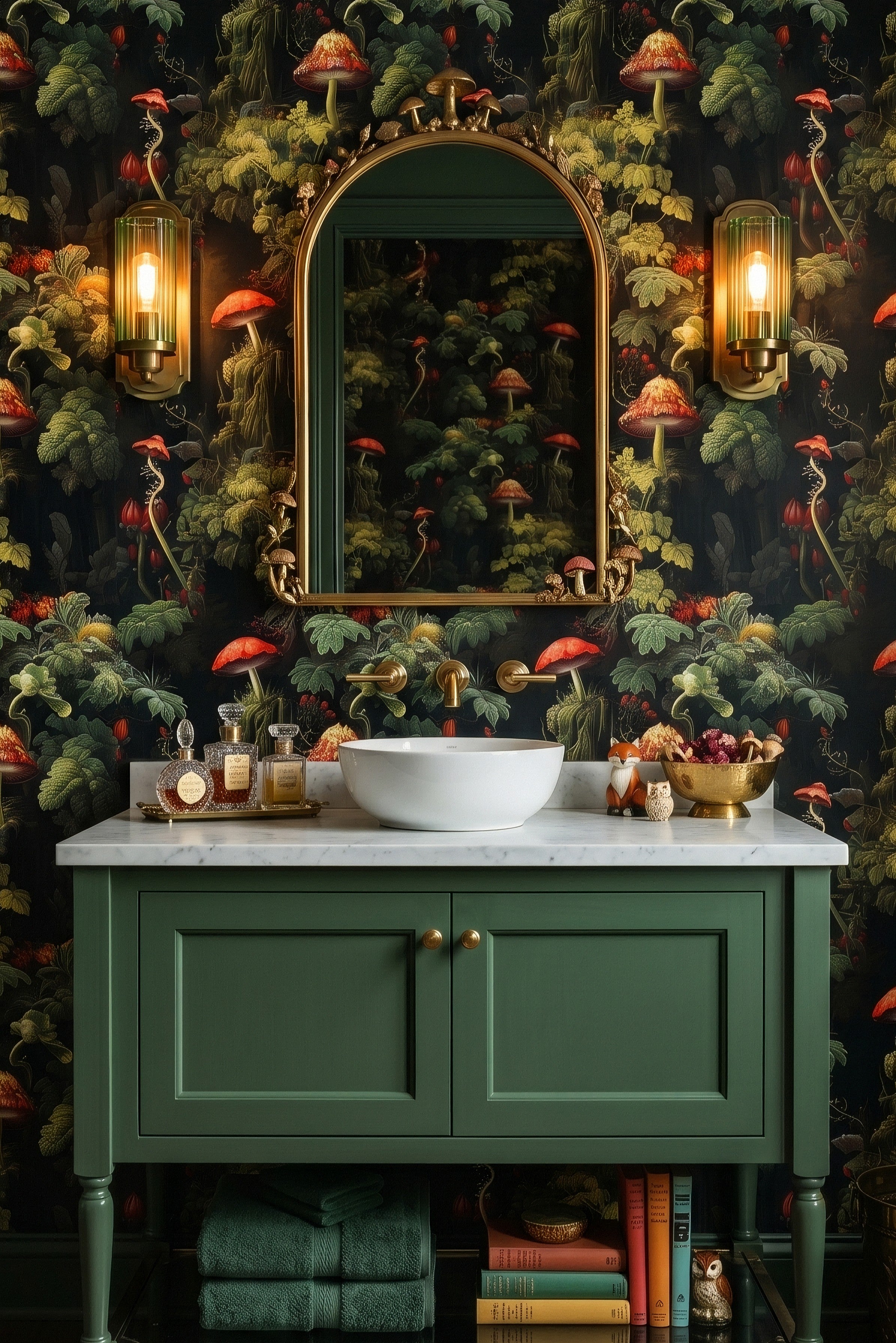 Whimsical toadstools and dark forest foliage on a botanical wallpaper in a powder room.