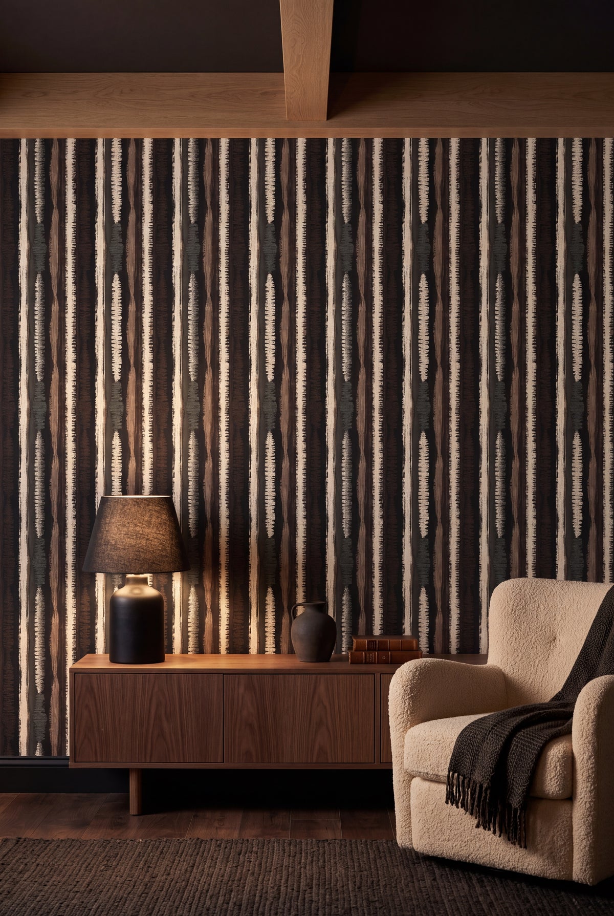 Birchbark Stripe wallpaper in charcoal, bark brown and chalky cream on a living wall.