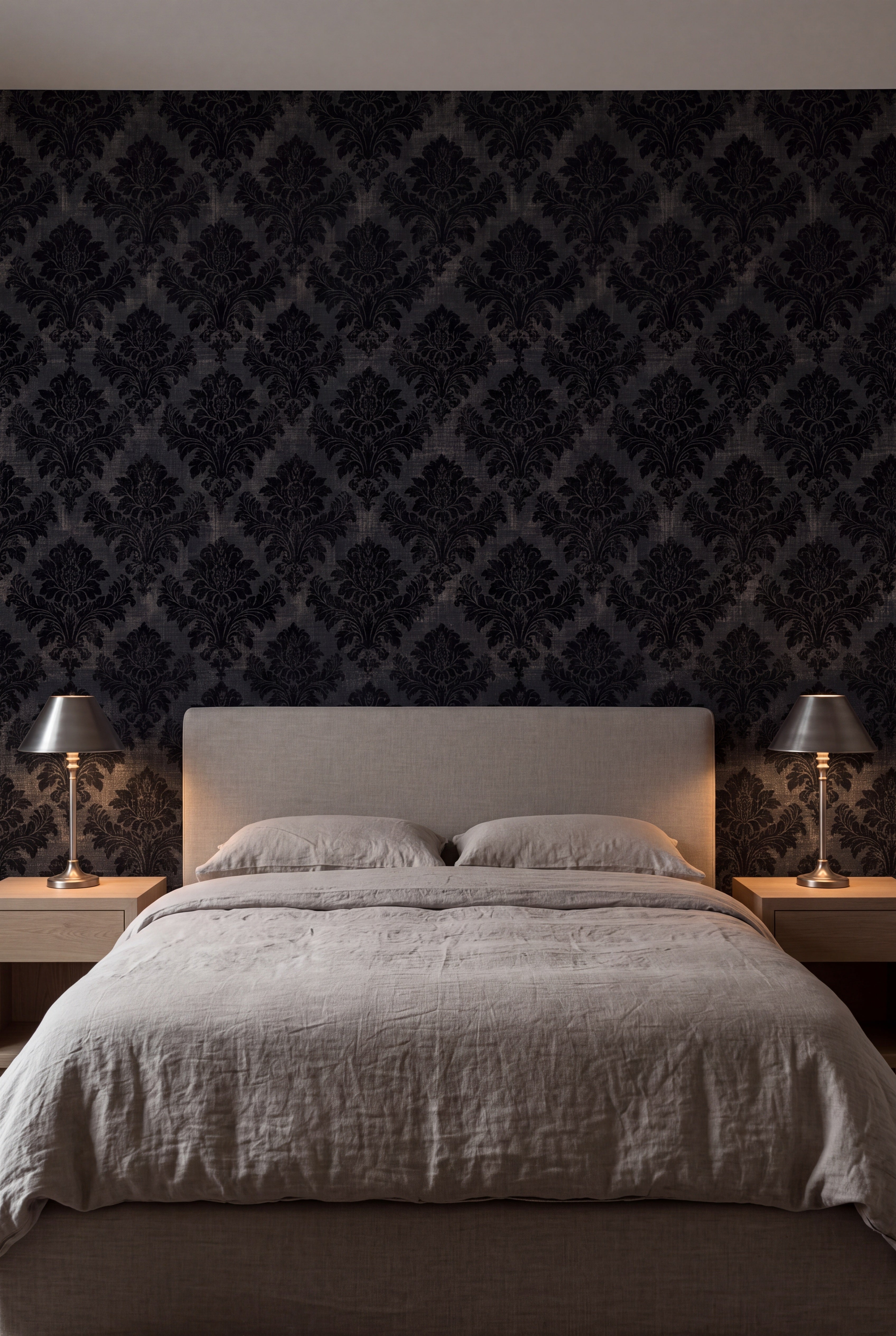 Obsidian Damask wallpaper in black on charcoal linen on a bedroom wall.