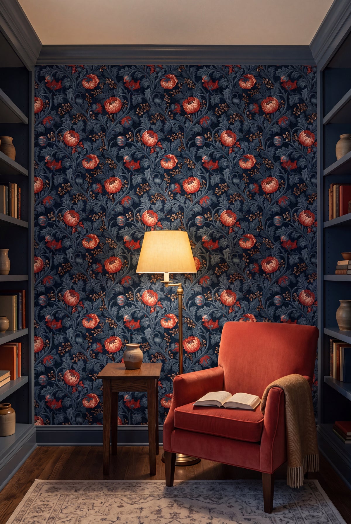 Coral Bower wallpaper in coral, salmon and slate blue on navy on a nook wall.