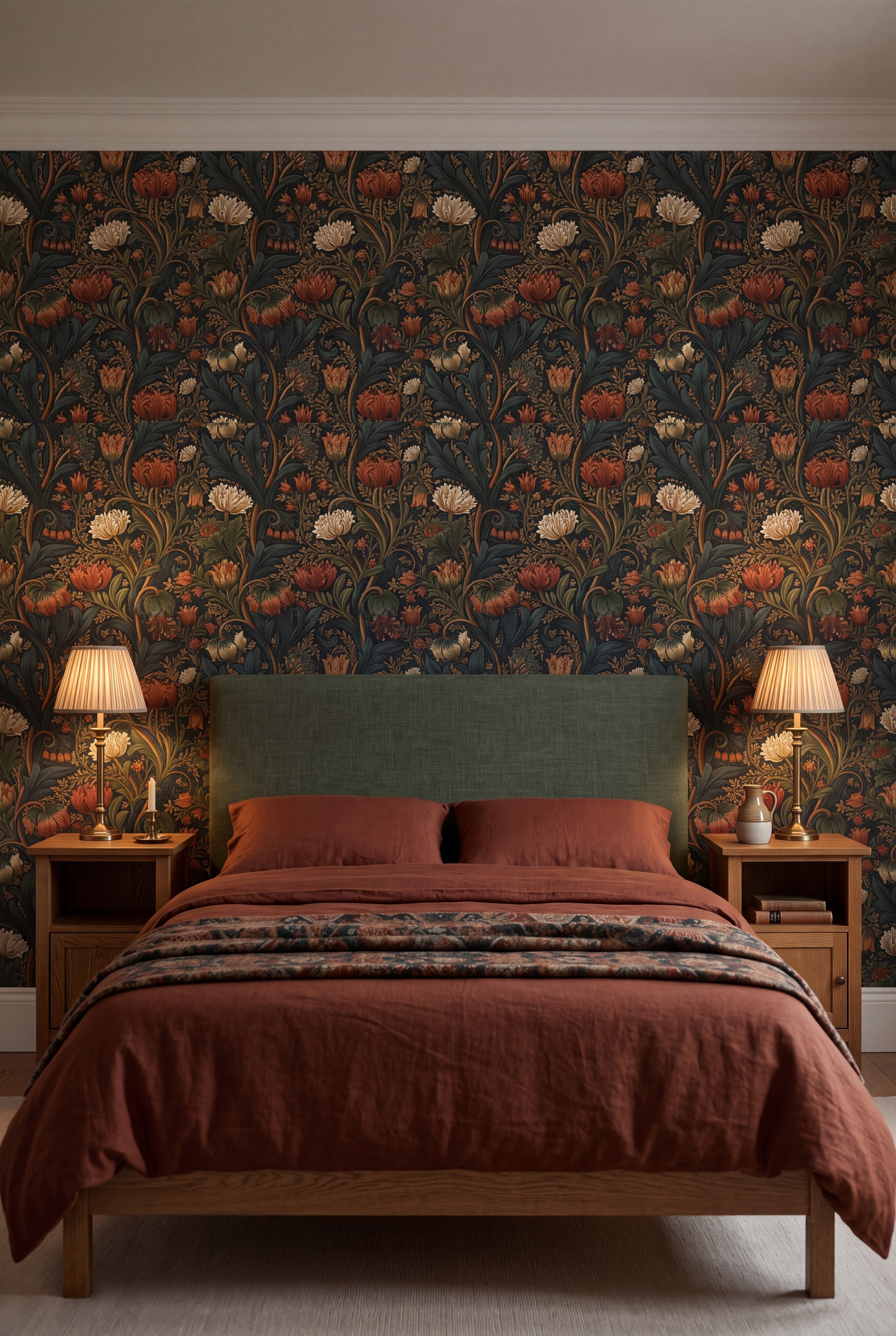 Ember Chrysanthemum wallpaper in burnt orange and cream on near black on a bedroom wall.