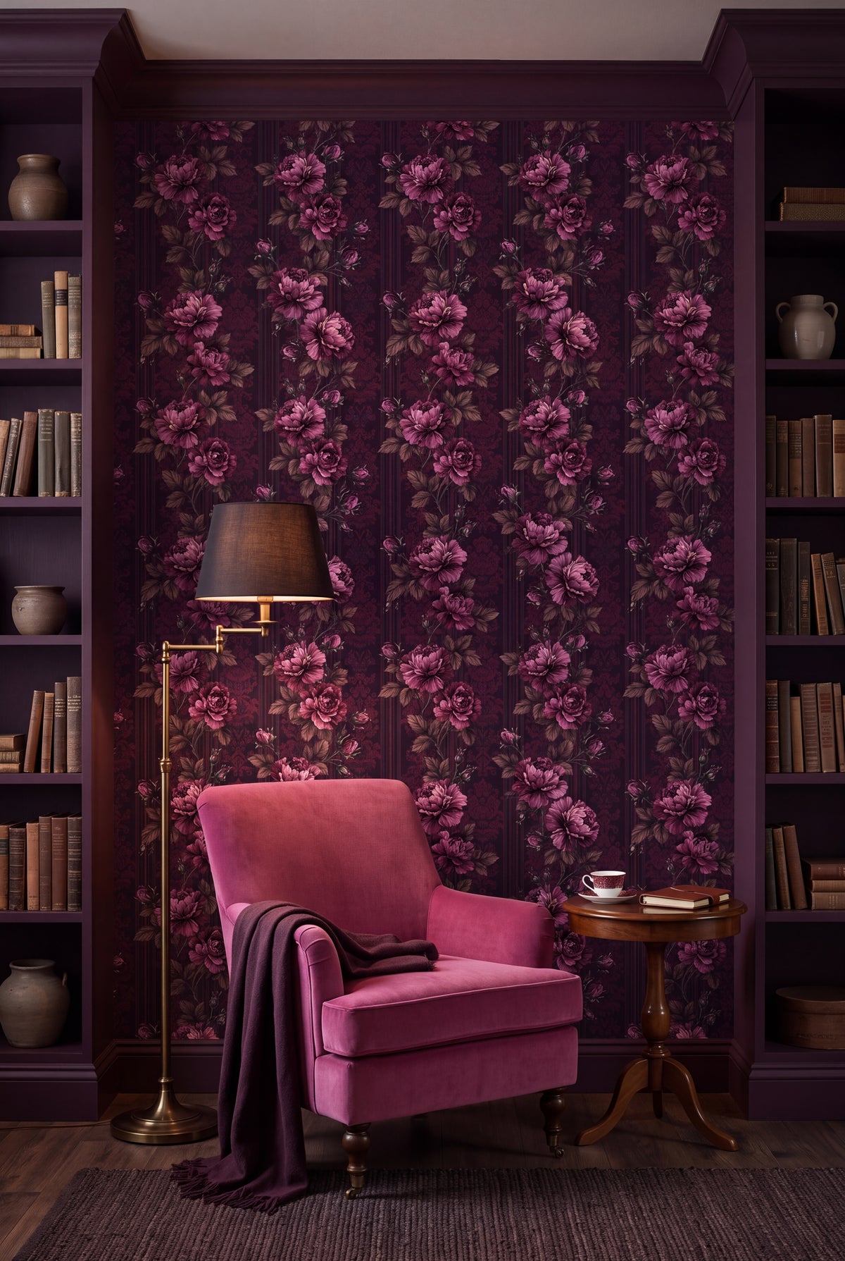 Damson Rose wallpaper in magenta and plum on deep aubergine on a nook wall.