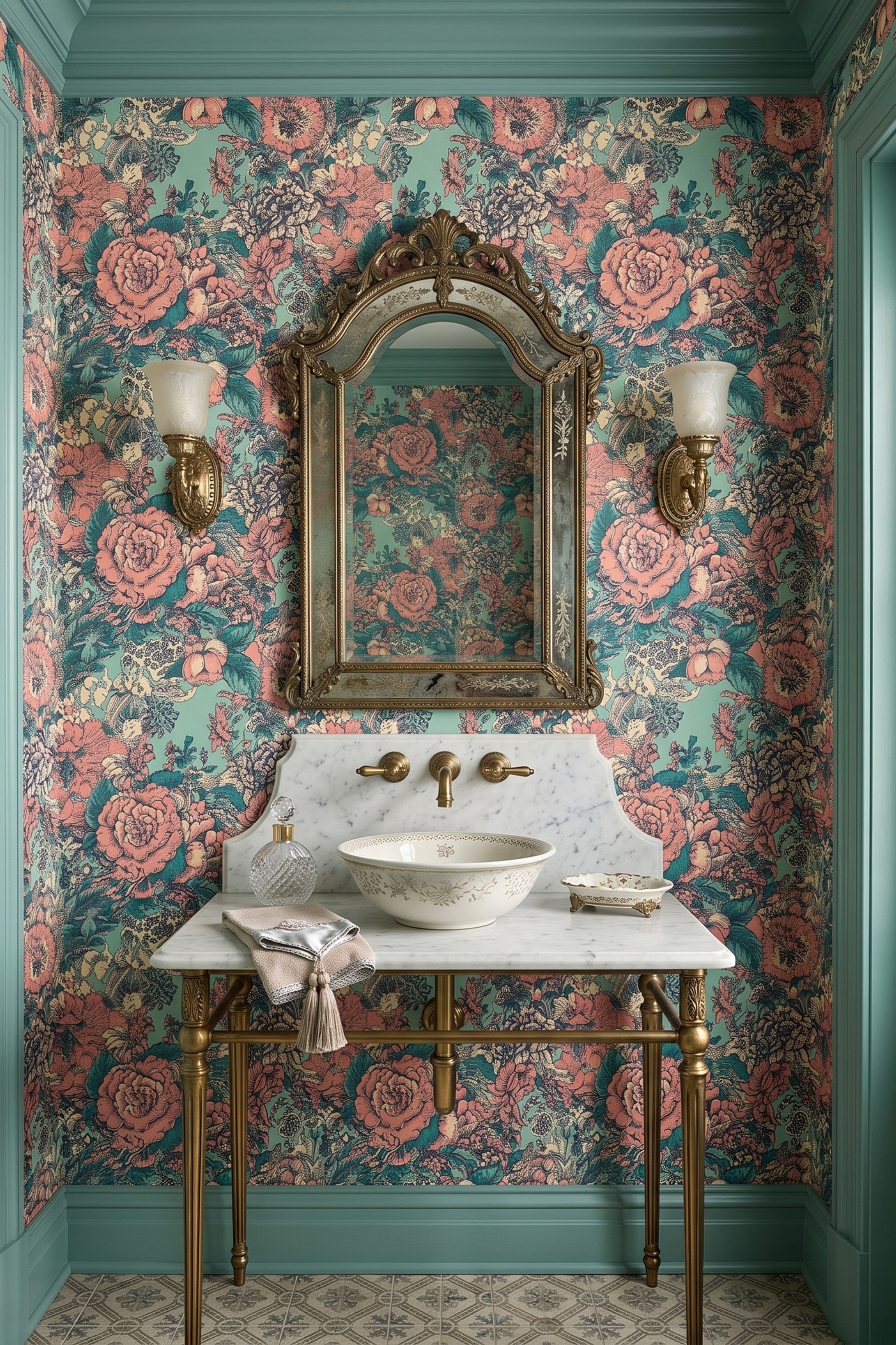 Teal and coral roses on dense vintage toile wallpaper in a powder room.