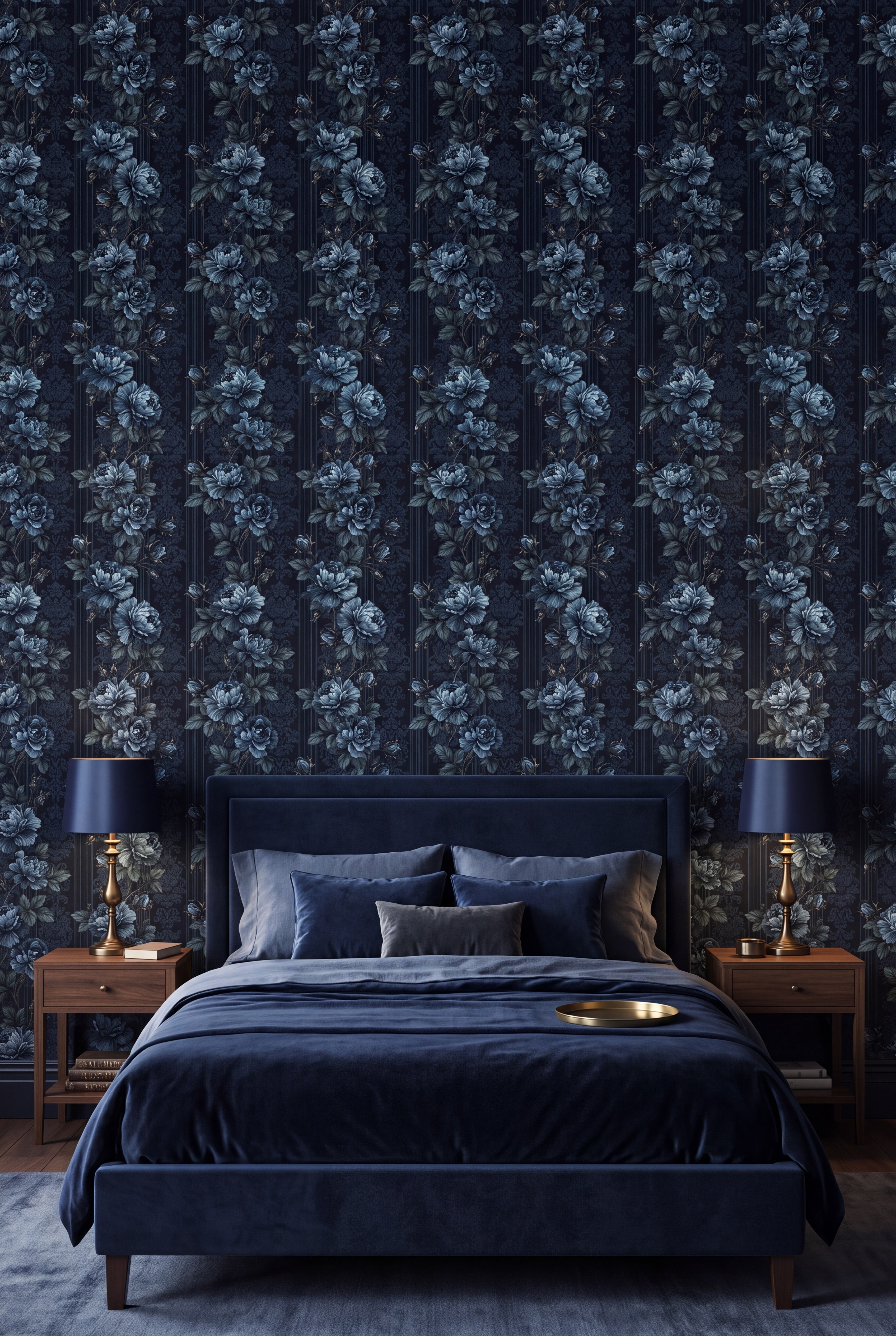 Midnight Rose wallpaper in steel blue and powder blue on midnight navy on a bedroom wall.
