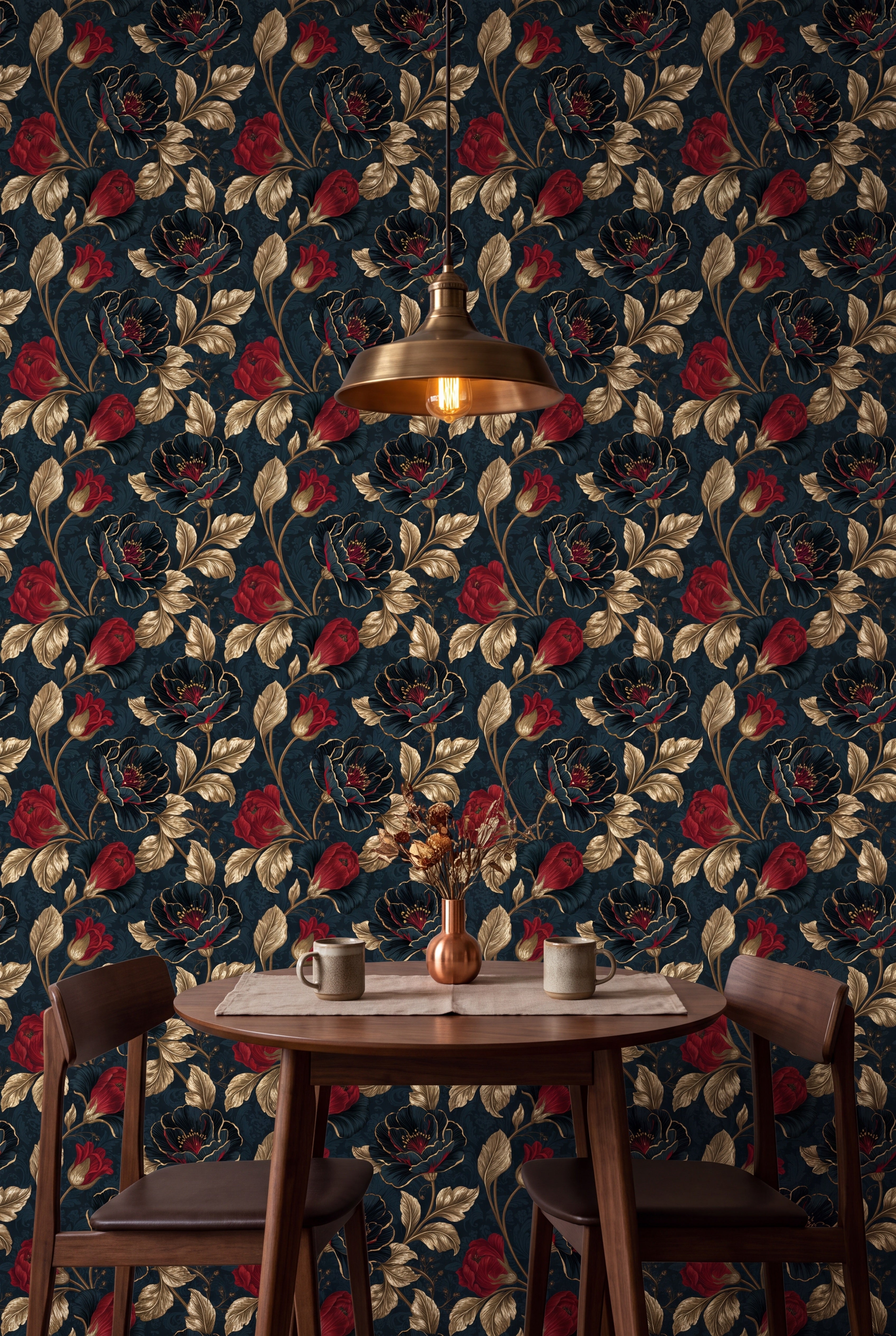 Gilded Poppy wallpaper in gold, crimson and cream on deep teal on a kitchen wall.