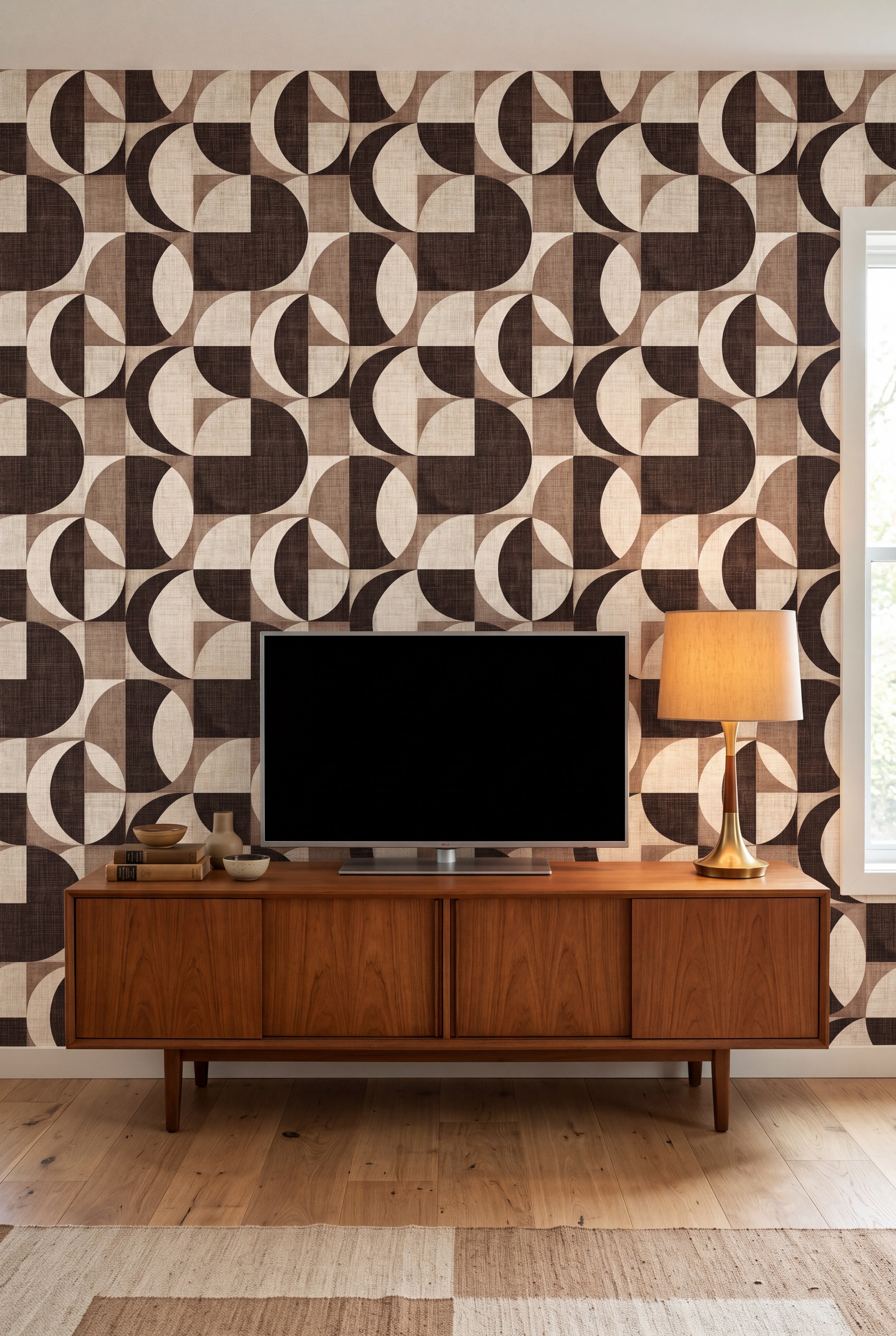 Cocoa Eclipse wallpaper in chocolate brown and cream on linen on a media wall.