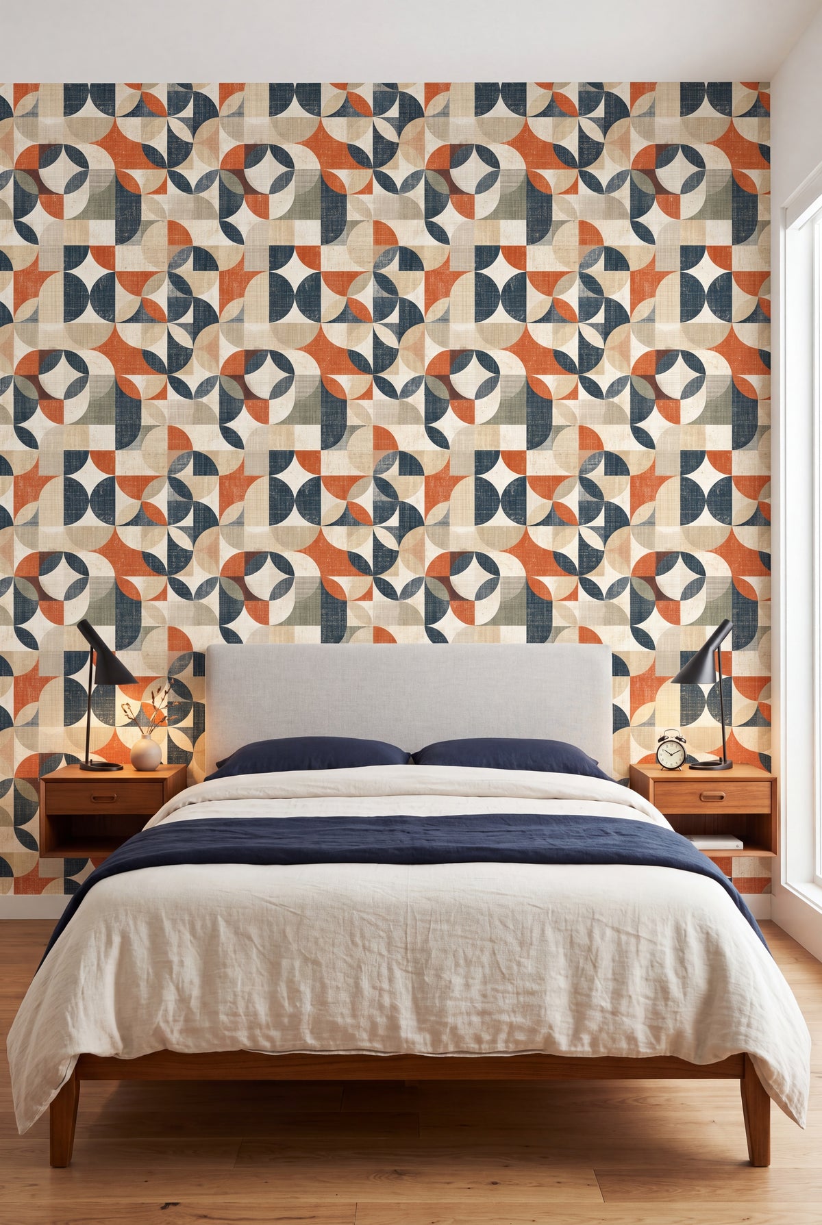 Carousel Quarters wallpaper in burnt orange, navy, teal and cream on a bedroom wall.