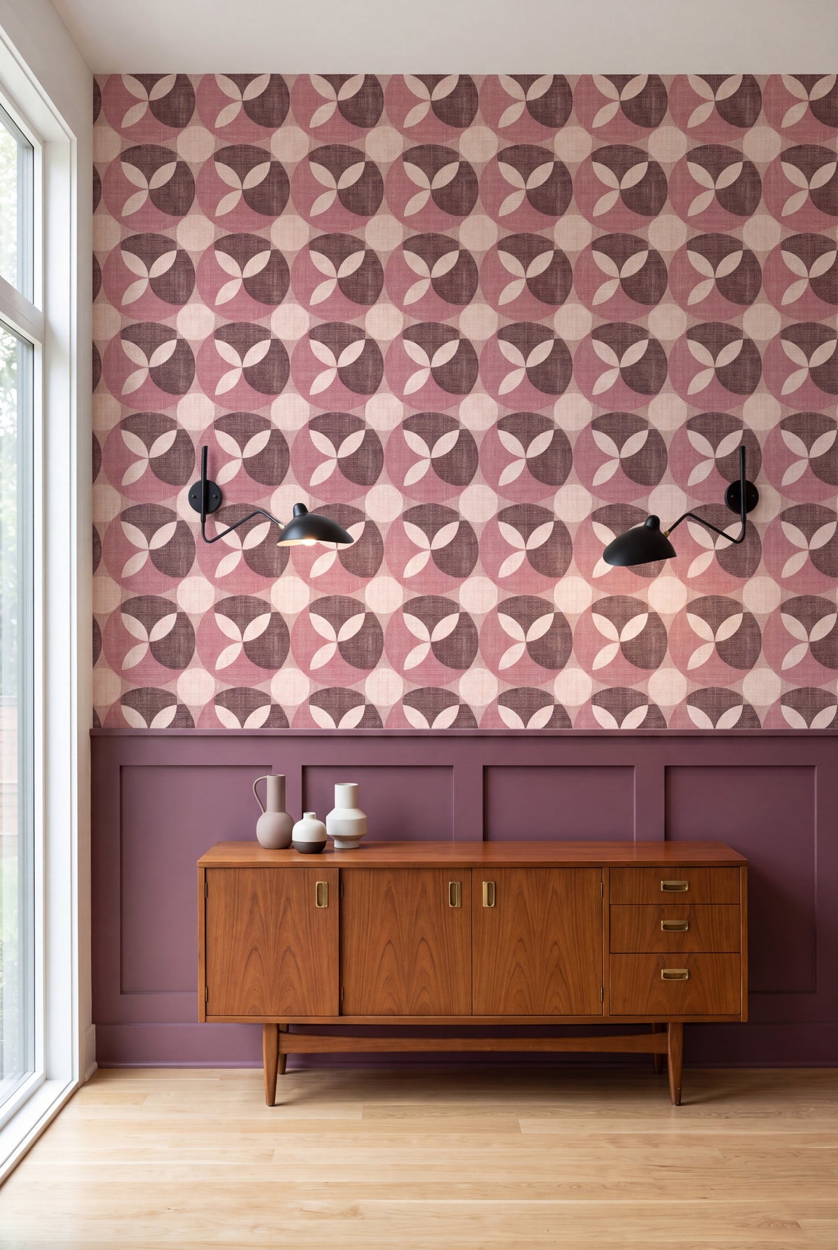 Rosewood Petal wallpaper in dusty rose, plum and blush on a dining wall.