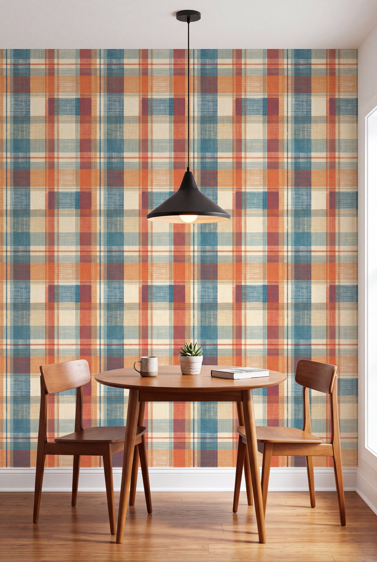 Camp Plaid wallpaper in denim blue, rust orange and cream on a kitchen wall.