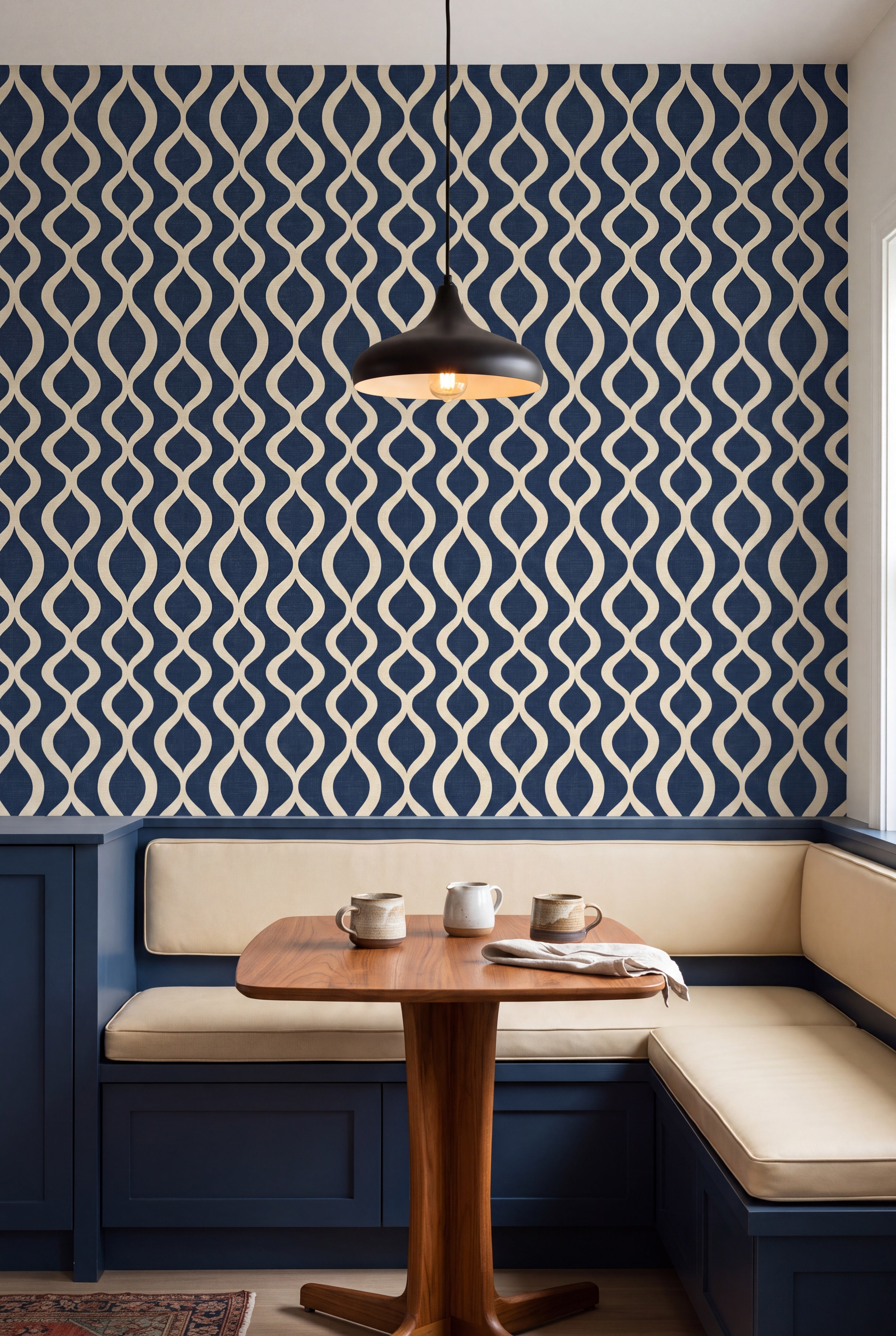 Navy Pendulum wallpaper in cream on navy linen on a banquette wall.