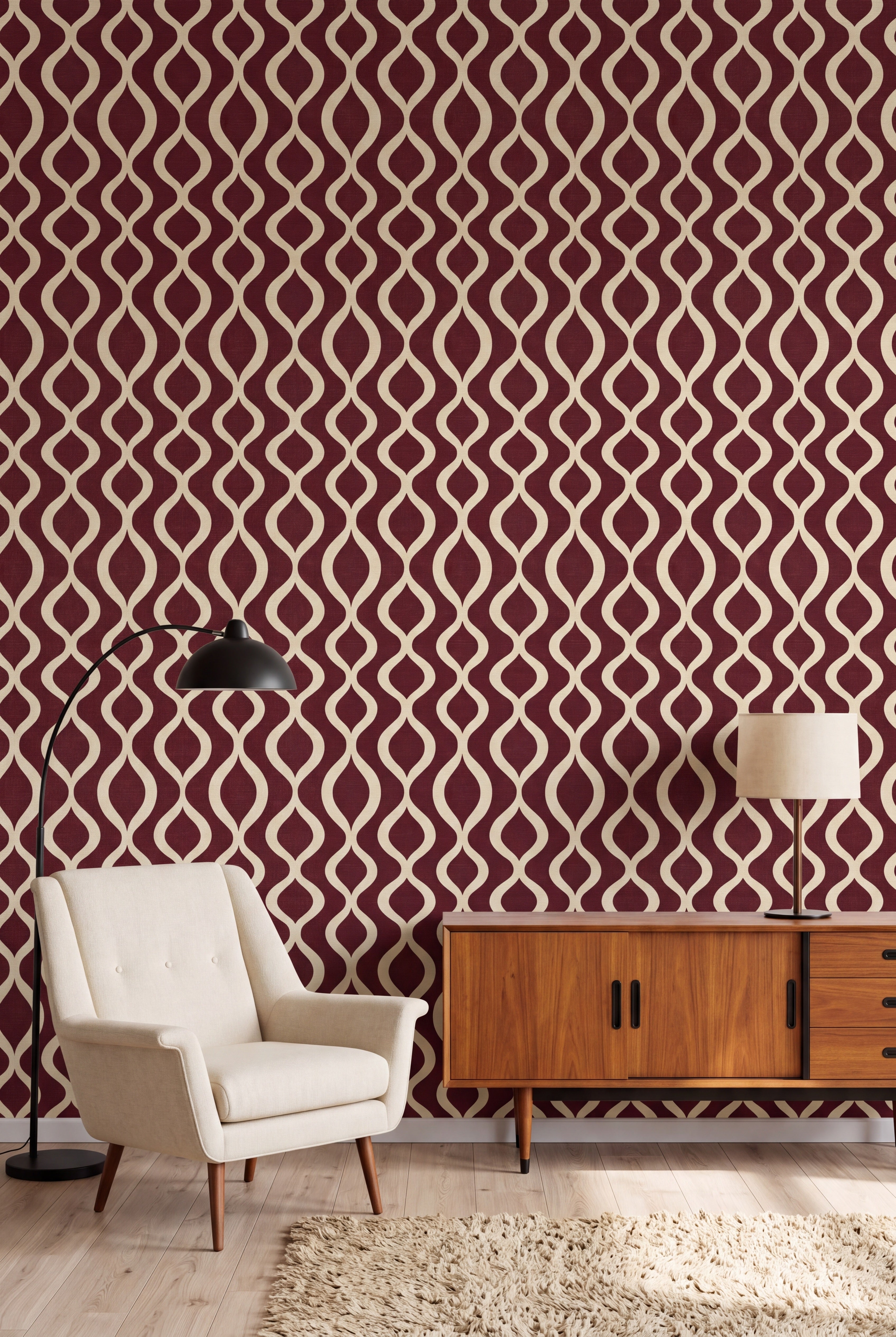 Claret Pendulum wallpaper in cream on burgundy linen on a living wall.