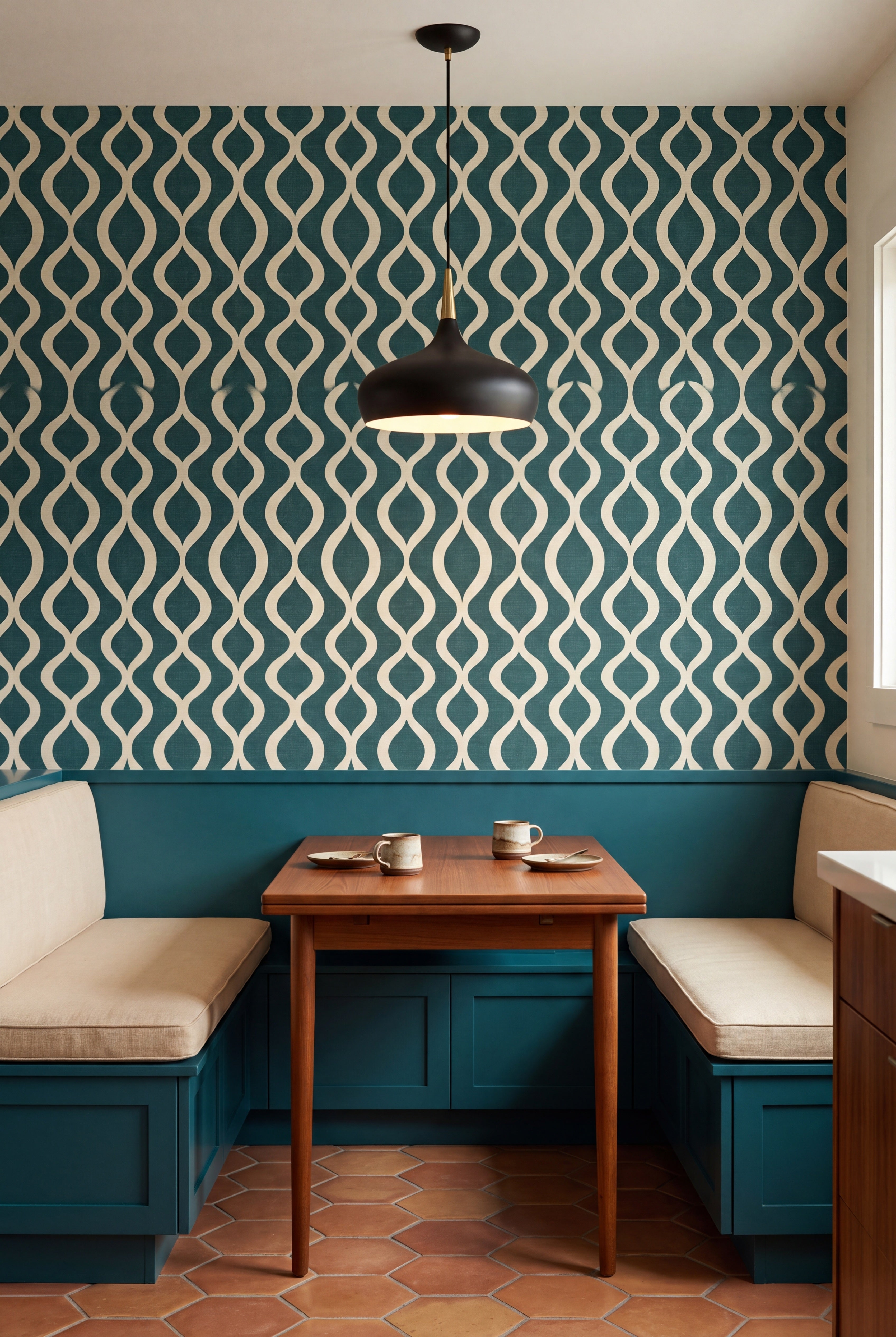 Lagoon Pendulum wallpaper in cream on teal linen on a banquette wall.