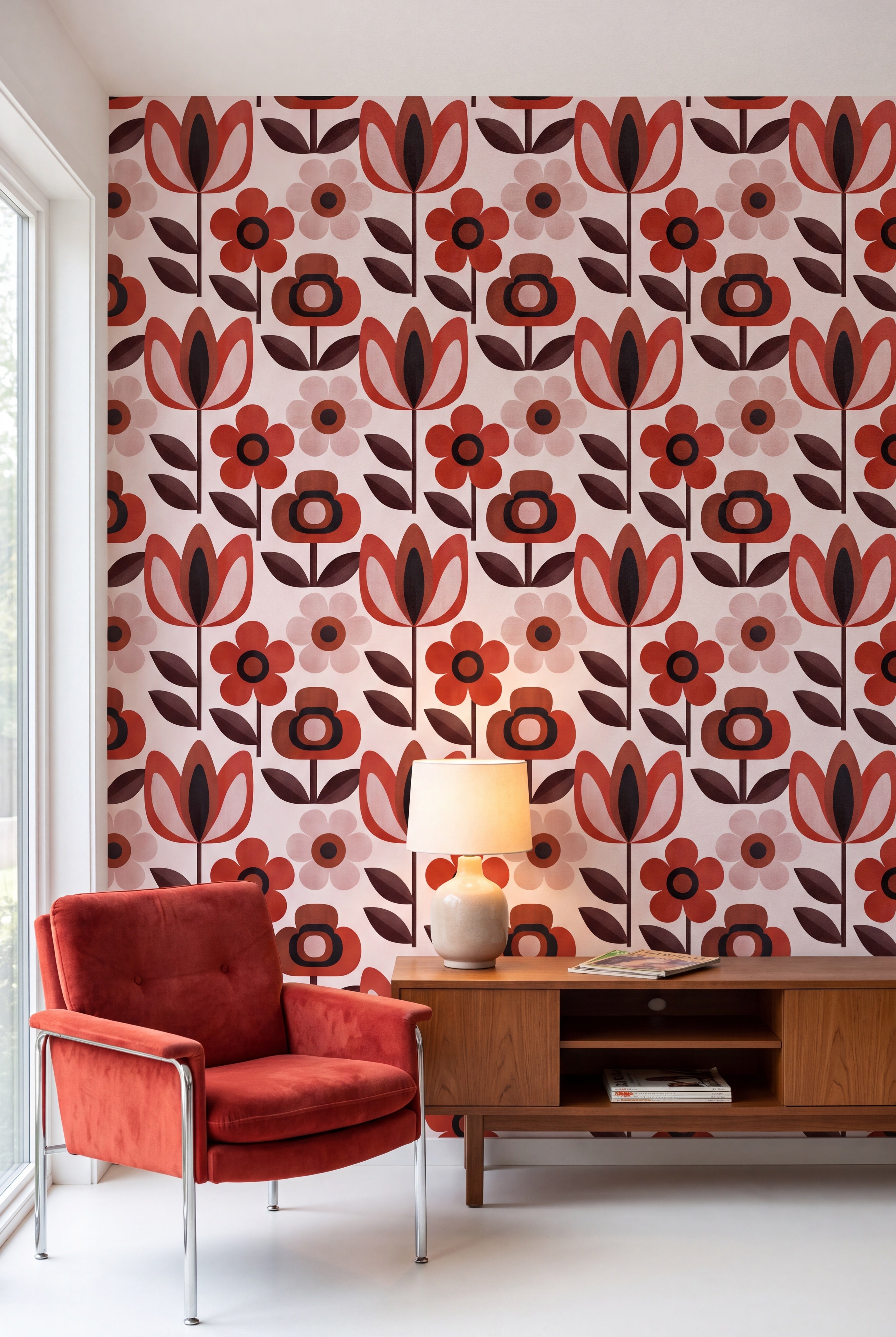 Scarlet Daisy wallpaper in tomato red and rust on pale blush on a living wall.