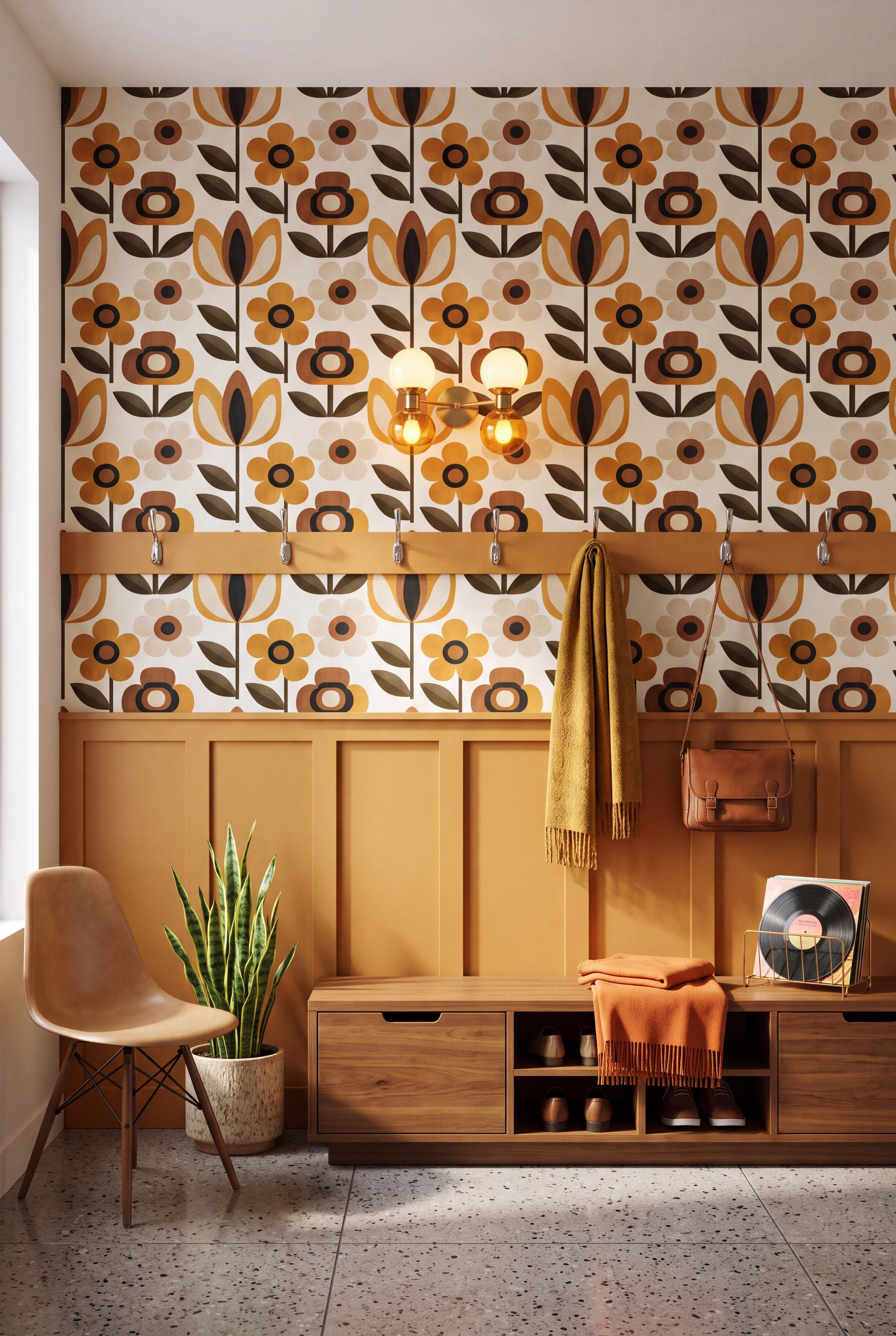 Marigold Daisy wallpaper in amber, chocolate and olive on warm cream on a mudroom wall.