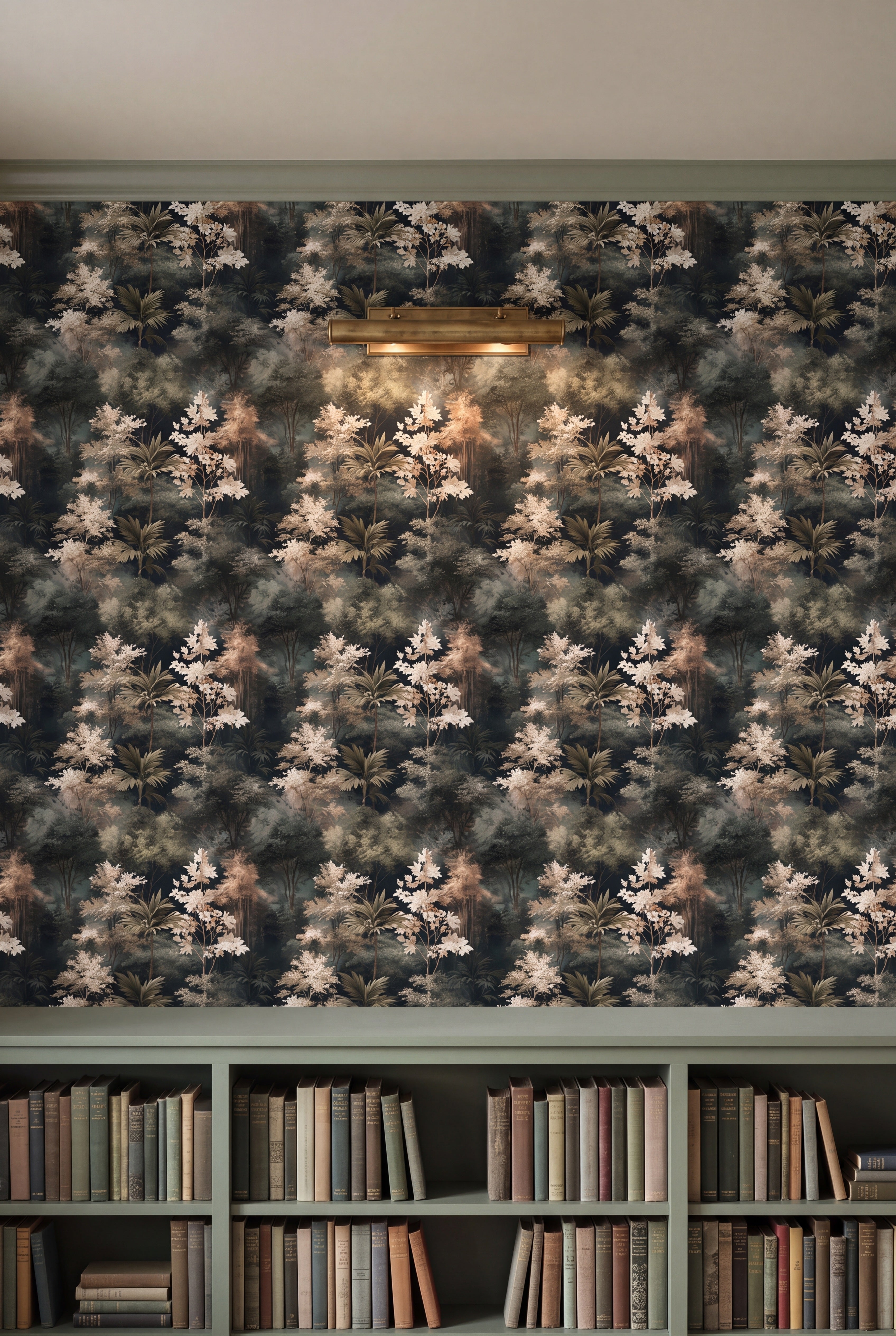 Misted Grove wallpaper in misty forest greens with pale flowering trees on a library wall.