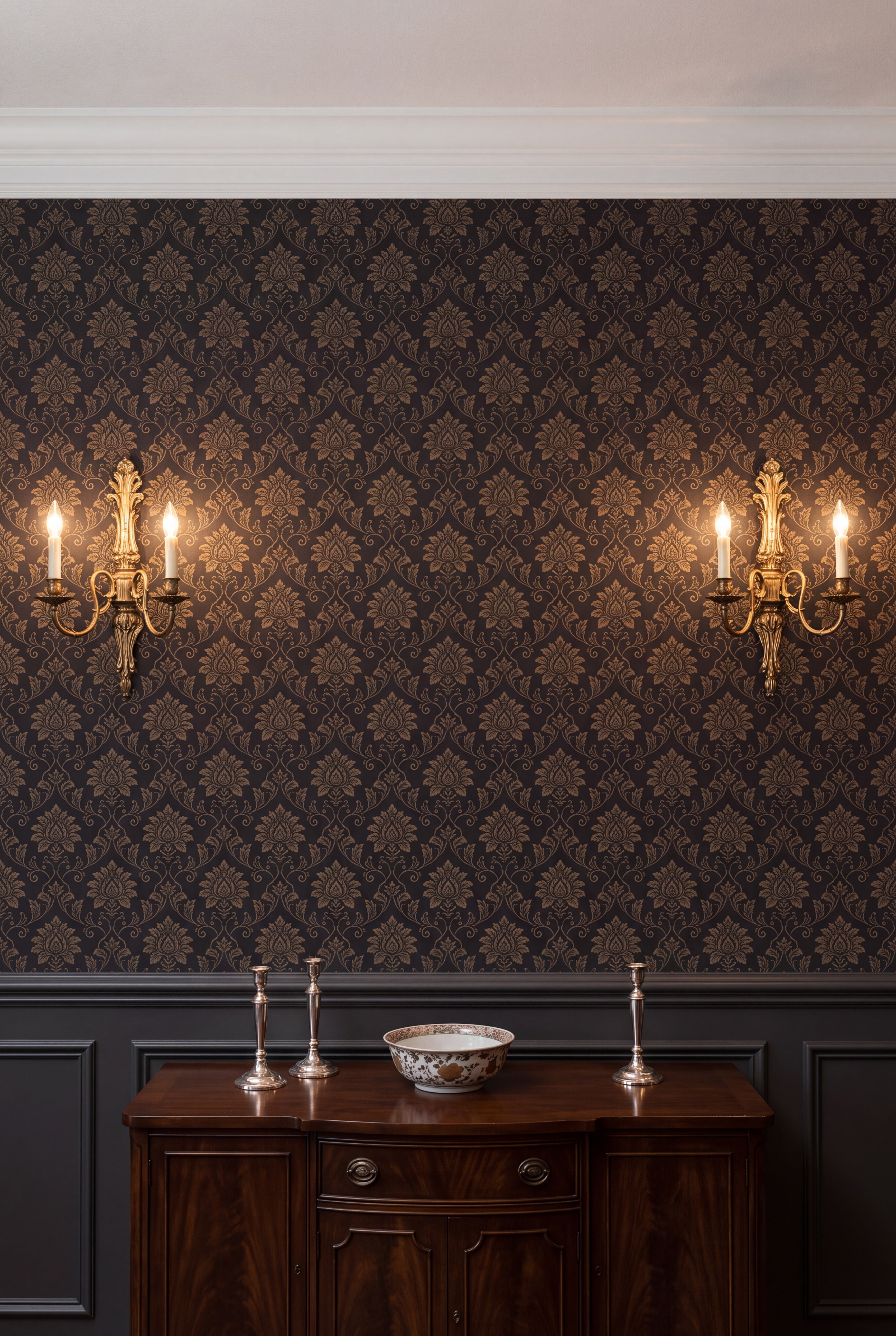 Bronze Damask wallpaper in bronze and old gold on charcoal on a dining wall.