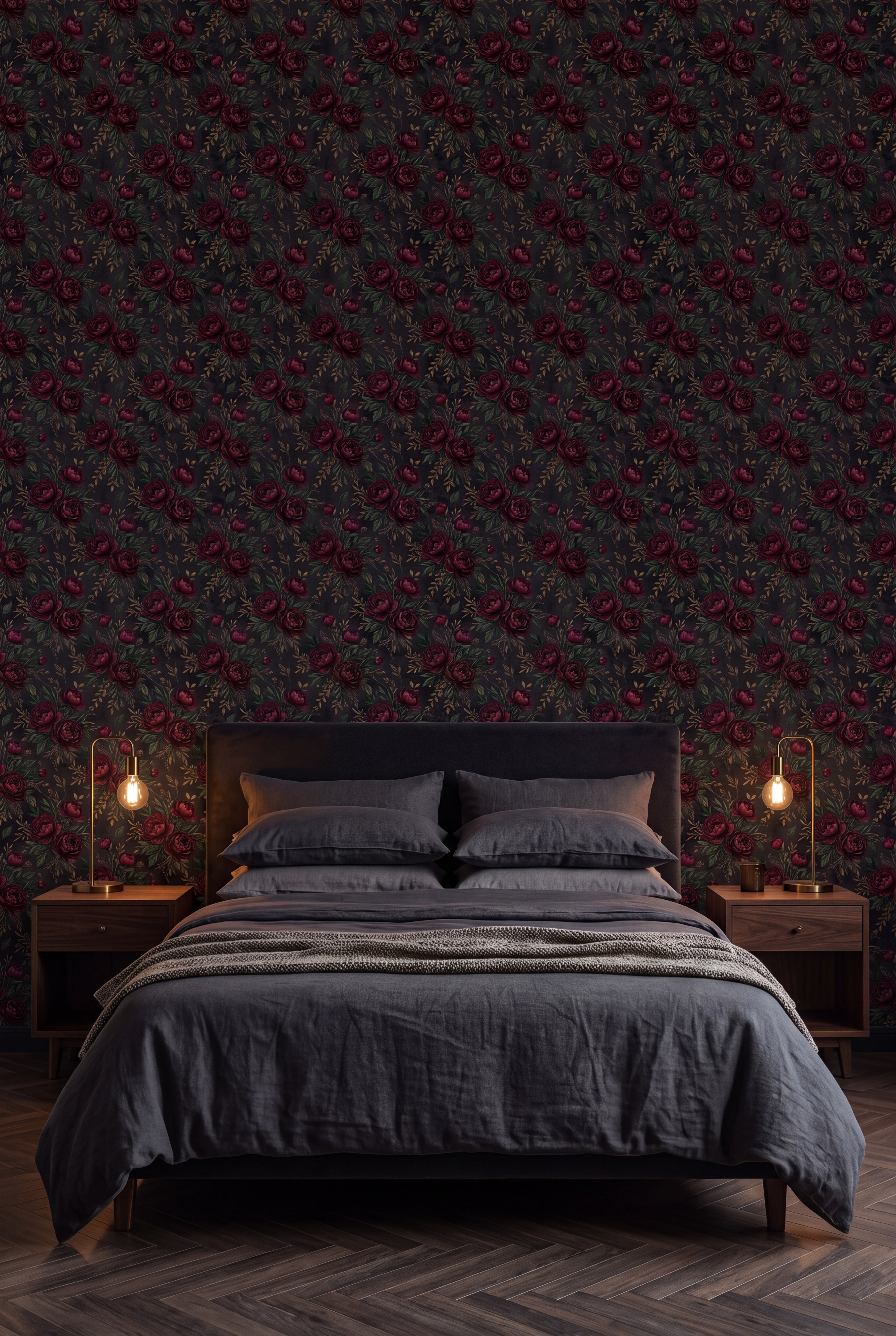 Garnet Peony wallpaper in garnet red and deep green on near black on a bedroom wall.