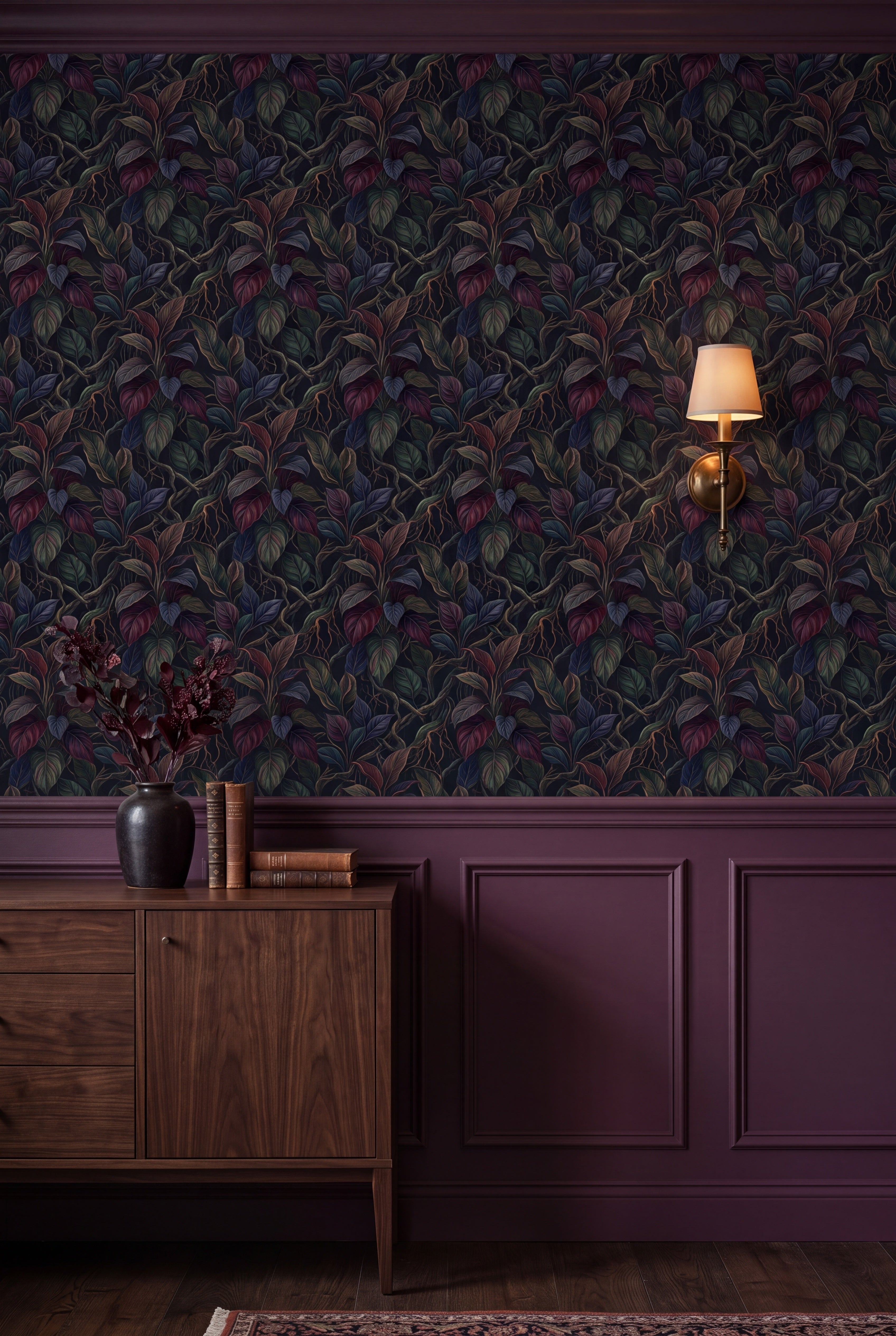 Nightvine wallpaper in aubergine, plum and deep green on a dining wall.