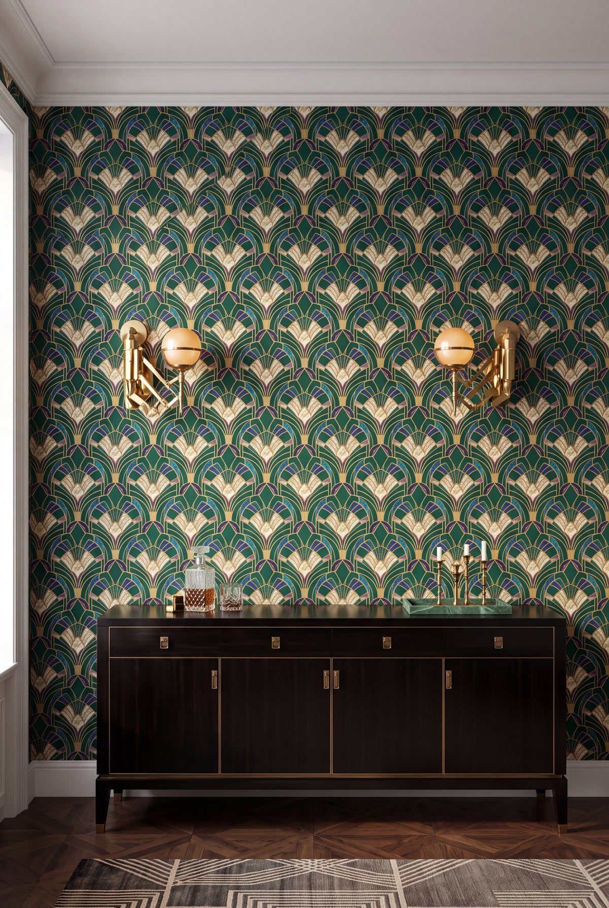 Jade Deco Fan wallpaper in jade green, amethyst and gold on a dining wall.