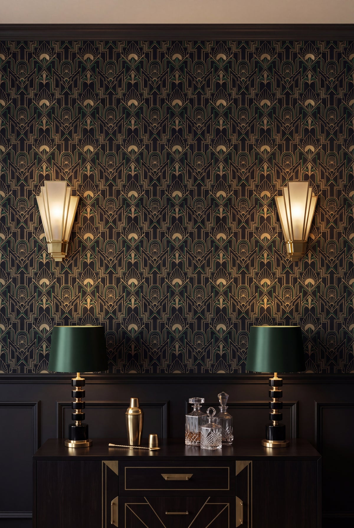 Gilt Nocturne wallpaper in gold linework on near black on a dining wall.