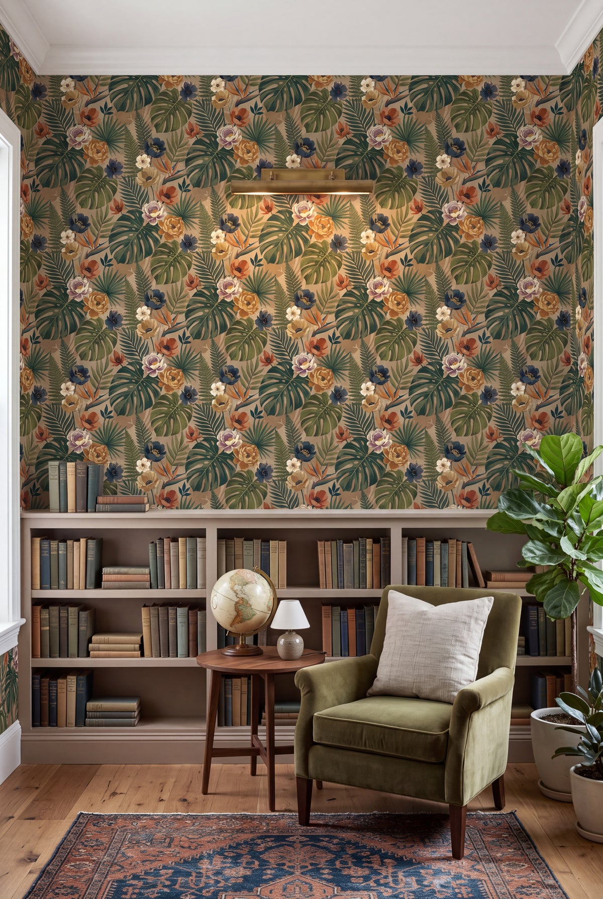 Taupe Tropic wallpaper in olive, rust and cream on warm taupe on a library wall.