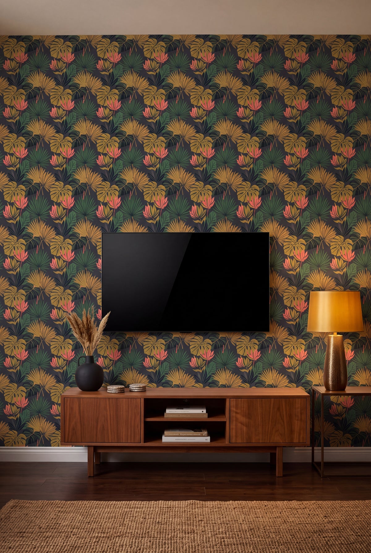 Gilded Palm wallpaper in gold, coral and forest green on charcoal on a media wall.