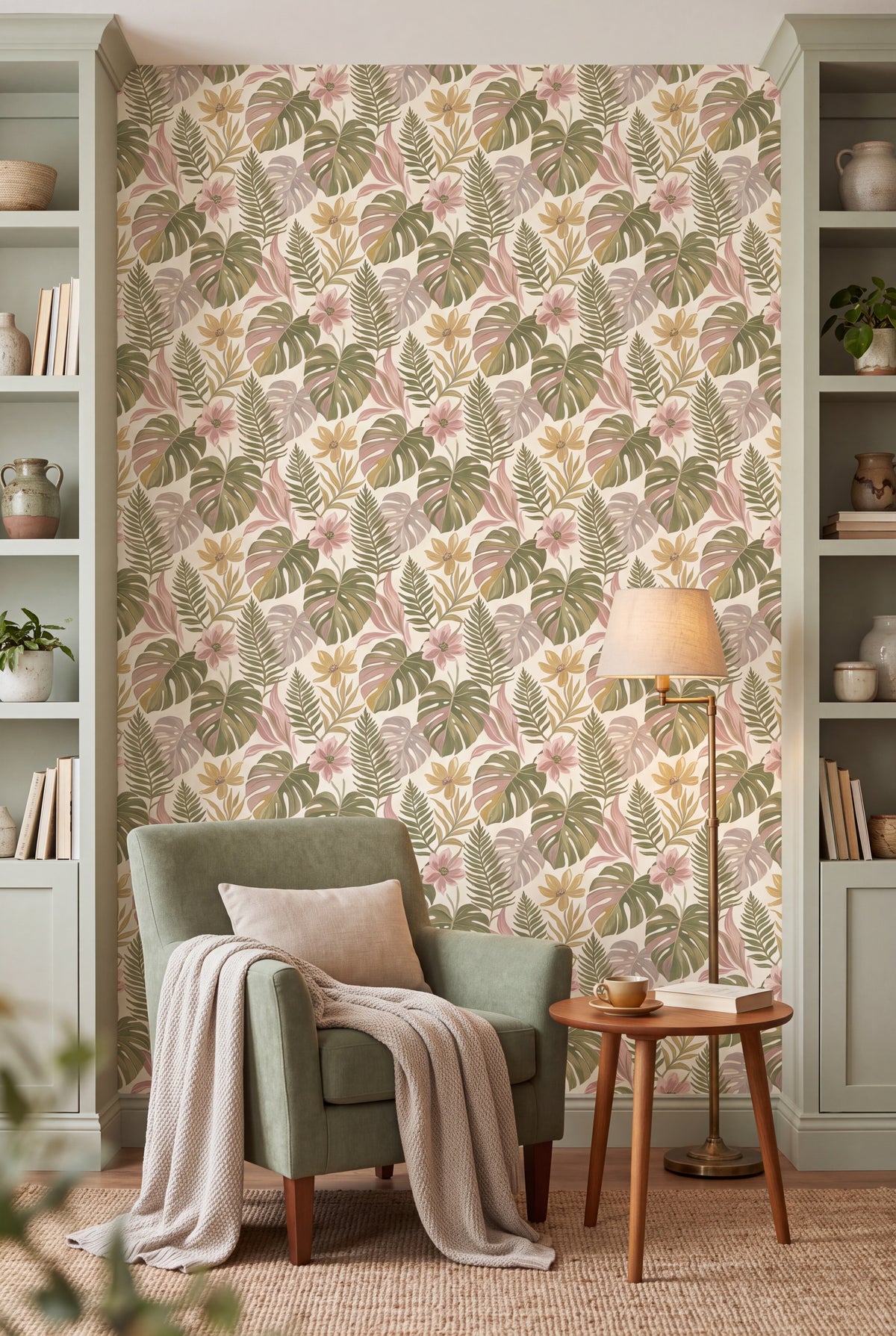 Fernwood Blush wallpaper in sage, blush and olive on cream on a nook wall.
