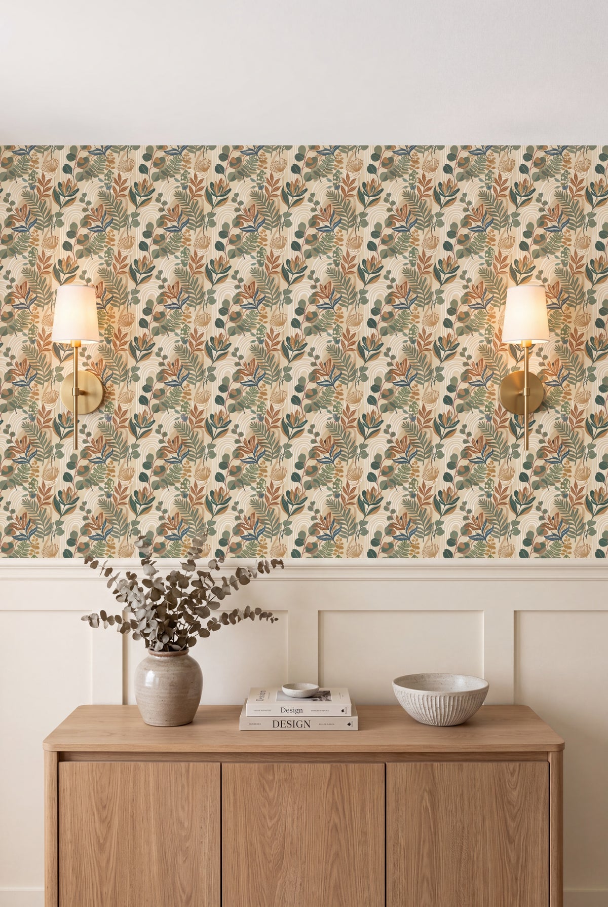 Sage Sprig wallpaper in sage, rust and ochre on cream on a dining wall.