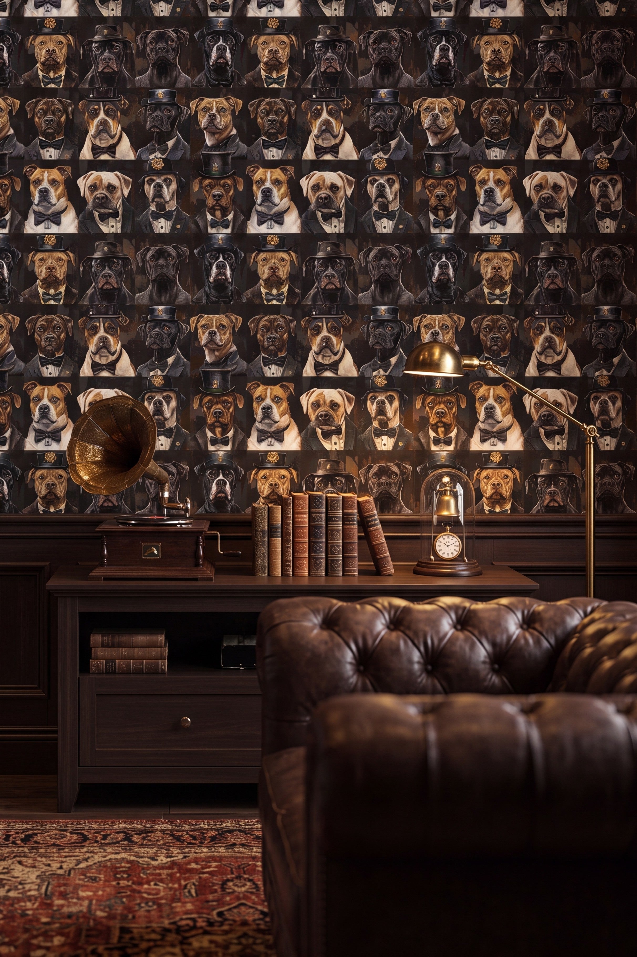 Vintage dog portrait wallpaper in a media room.