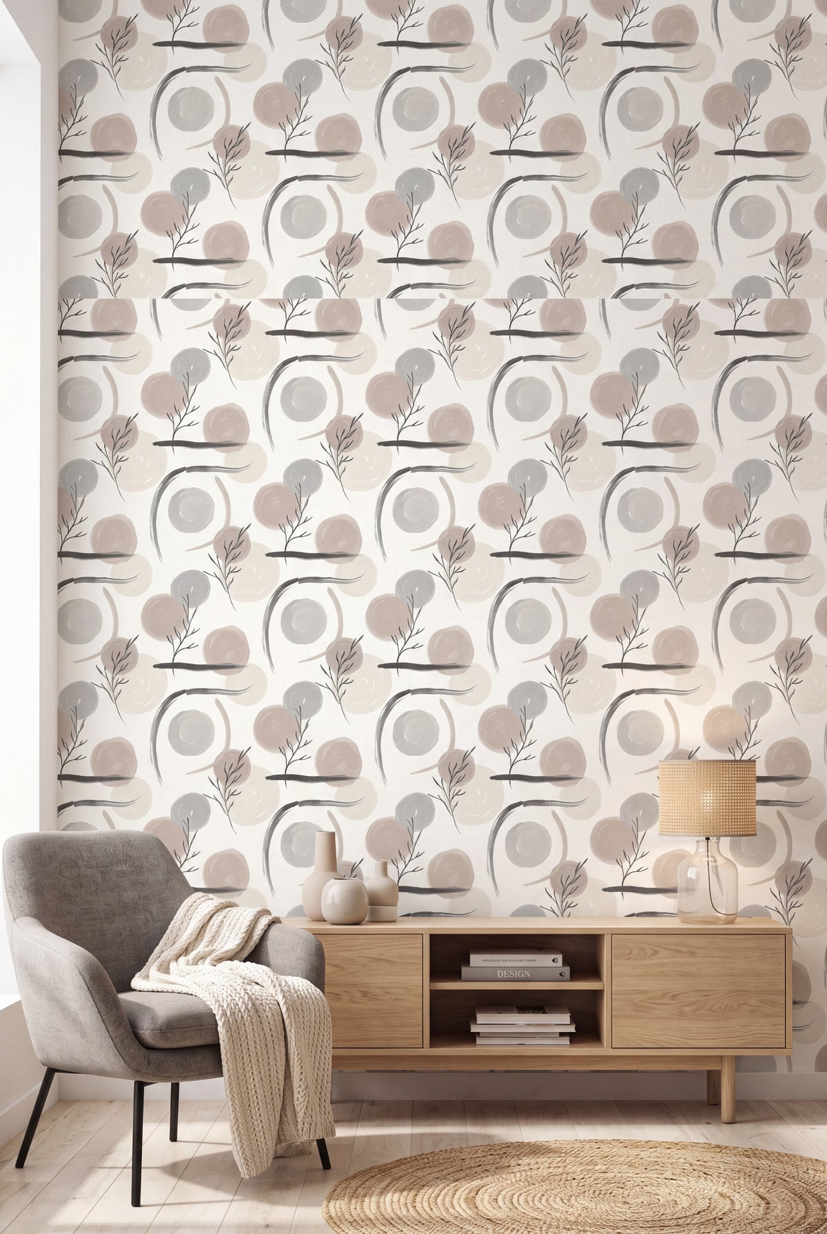 Ink and Stone wallpaper in stone grey and ink on cream on a living wall.