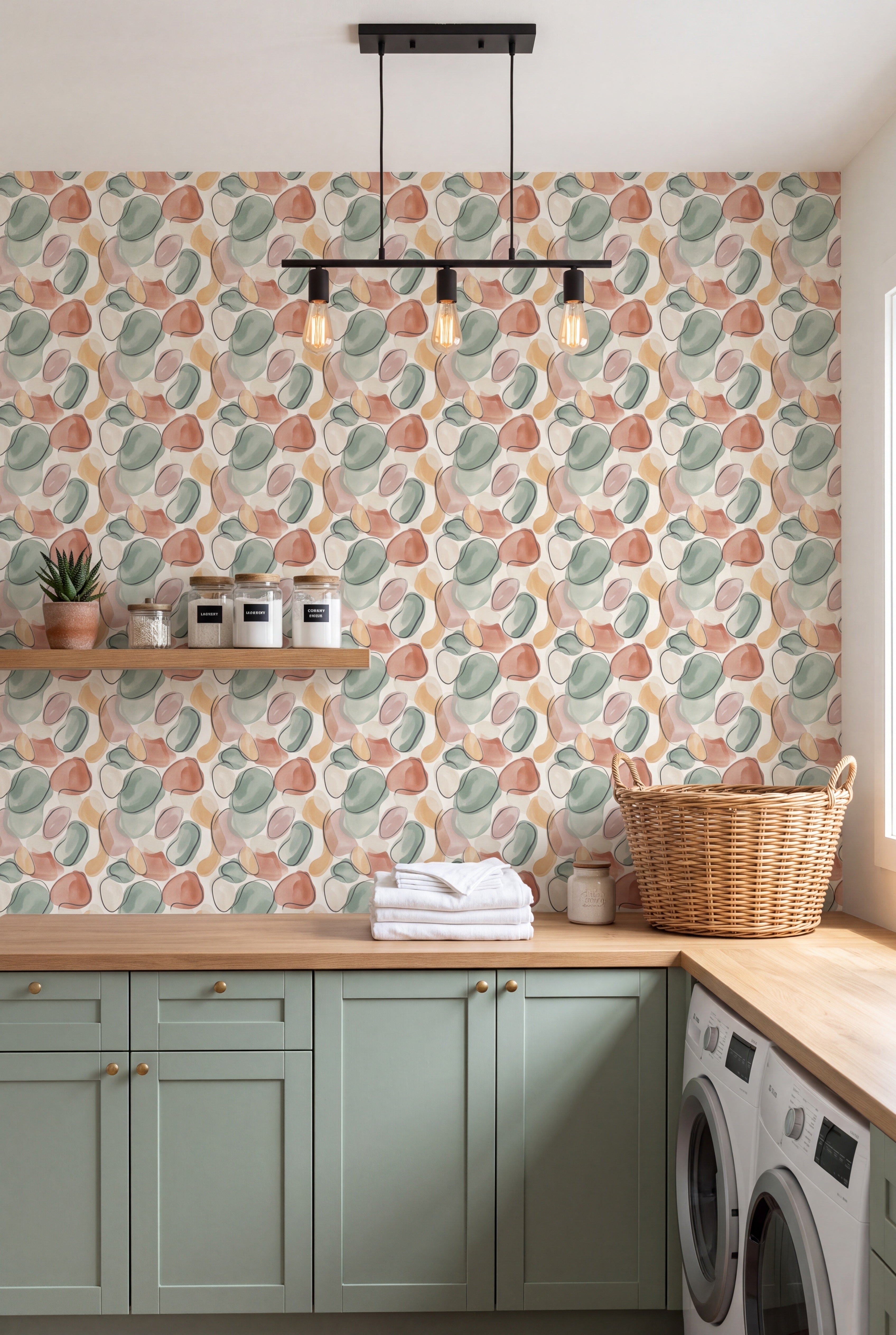 River Pebble wallpaper in sage, blush and apricot on cream on a laundry wall.