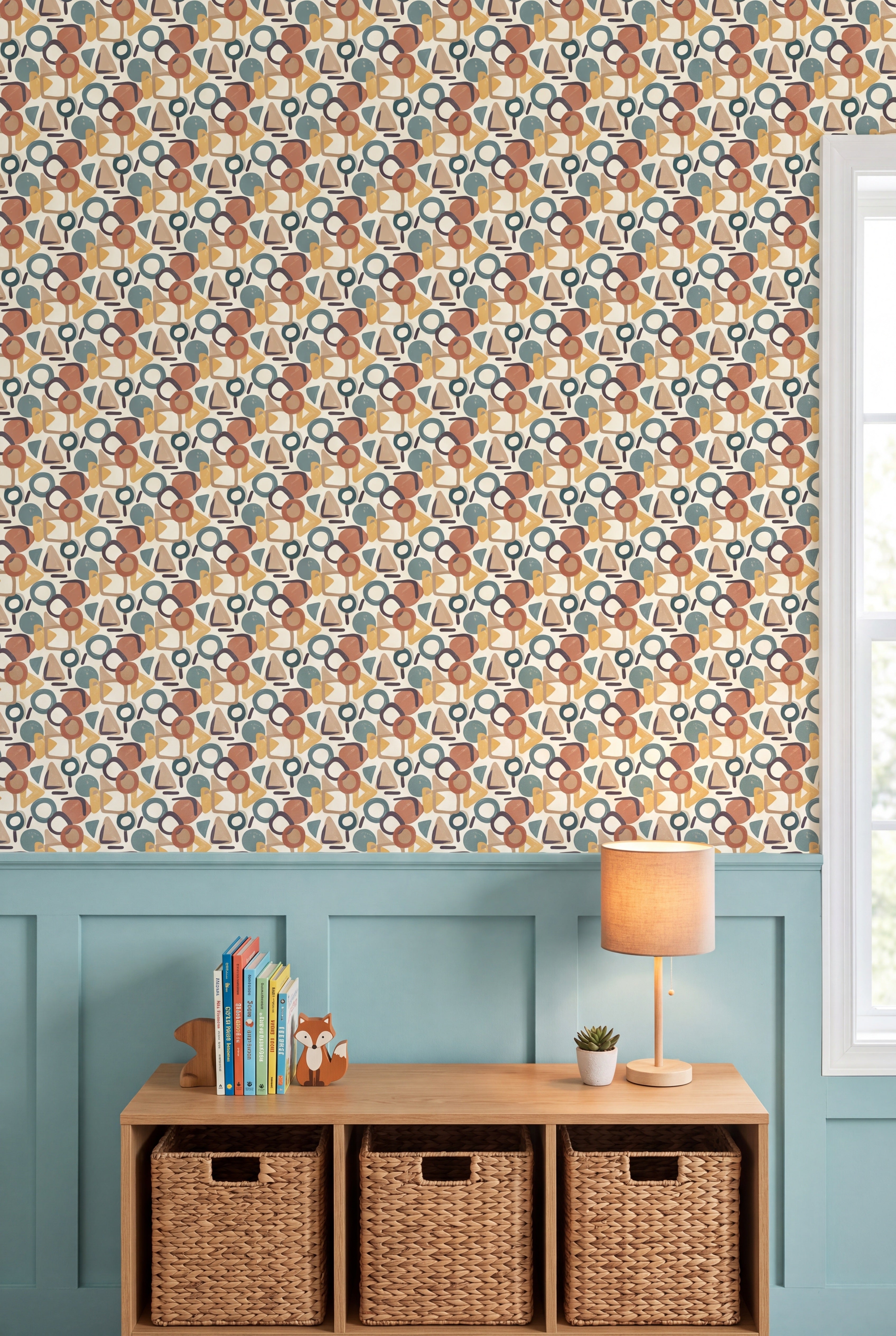 Mod Loop wallpaper in teal, ochre and rust on cream on a kids wall.